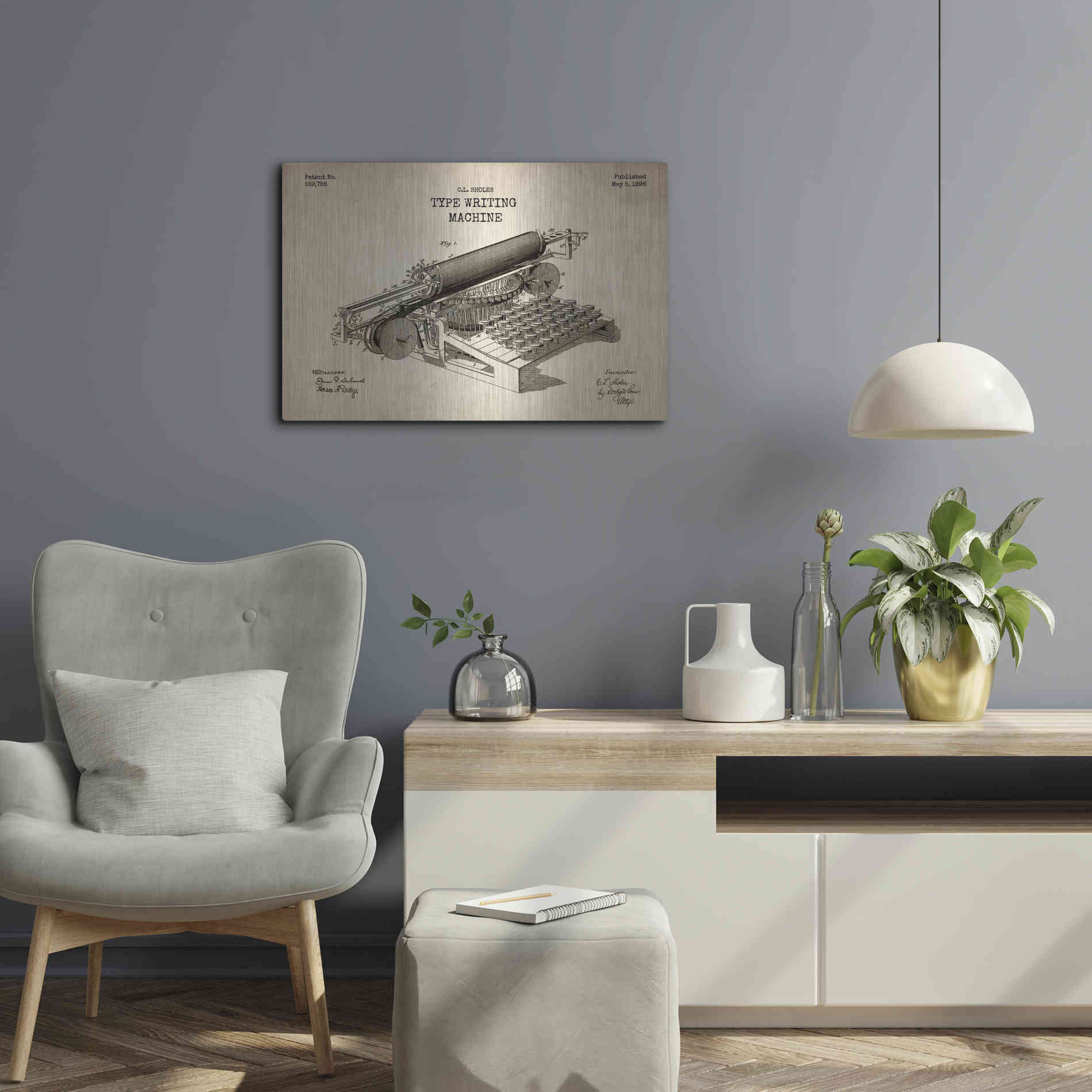 Luxe Metal Art 'Type Writing Machine Blueprint Patent Parchment' Metal Wall Art,24x16