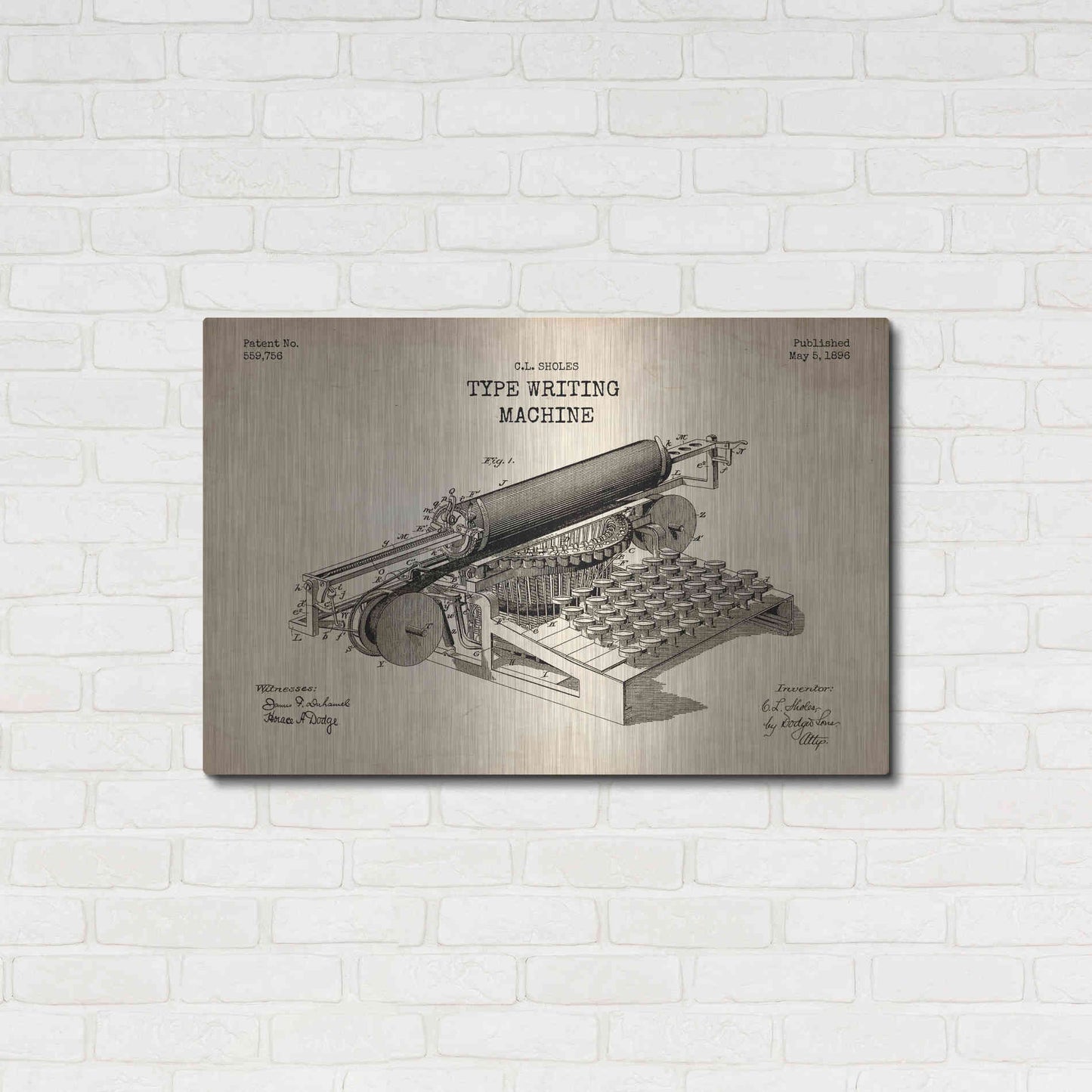 Luxe Metal Art 'Type Writing Machine Blueprint Patent Parchment' Metal Wall Art,36x24
