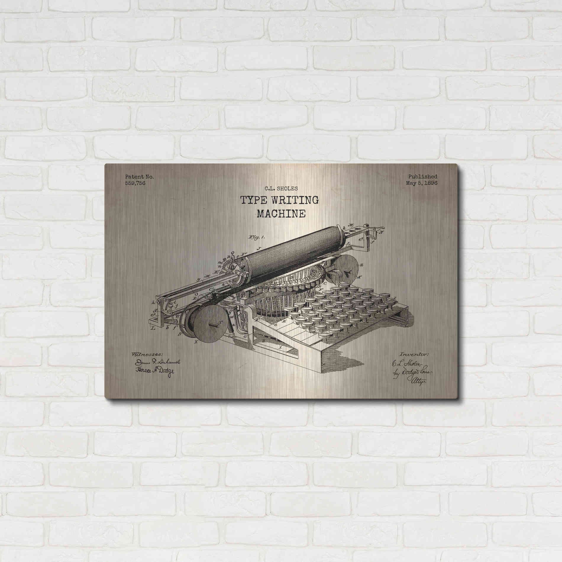 Luxe Metal Art 'Type Writing Machine Blueprint Patent Parchment' Metal Wall Art,36x24