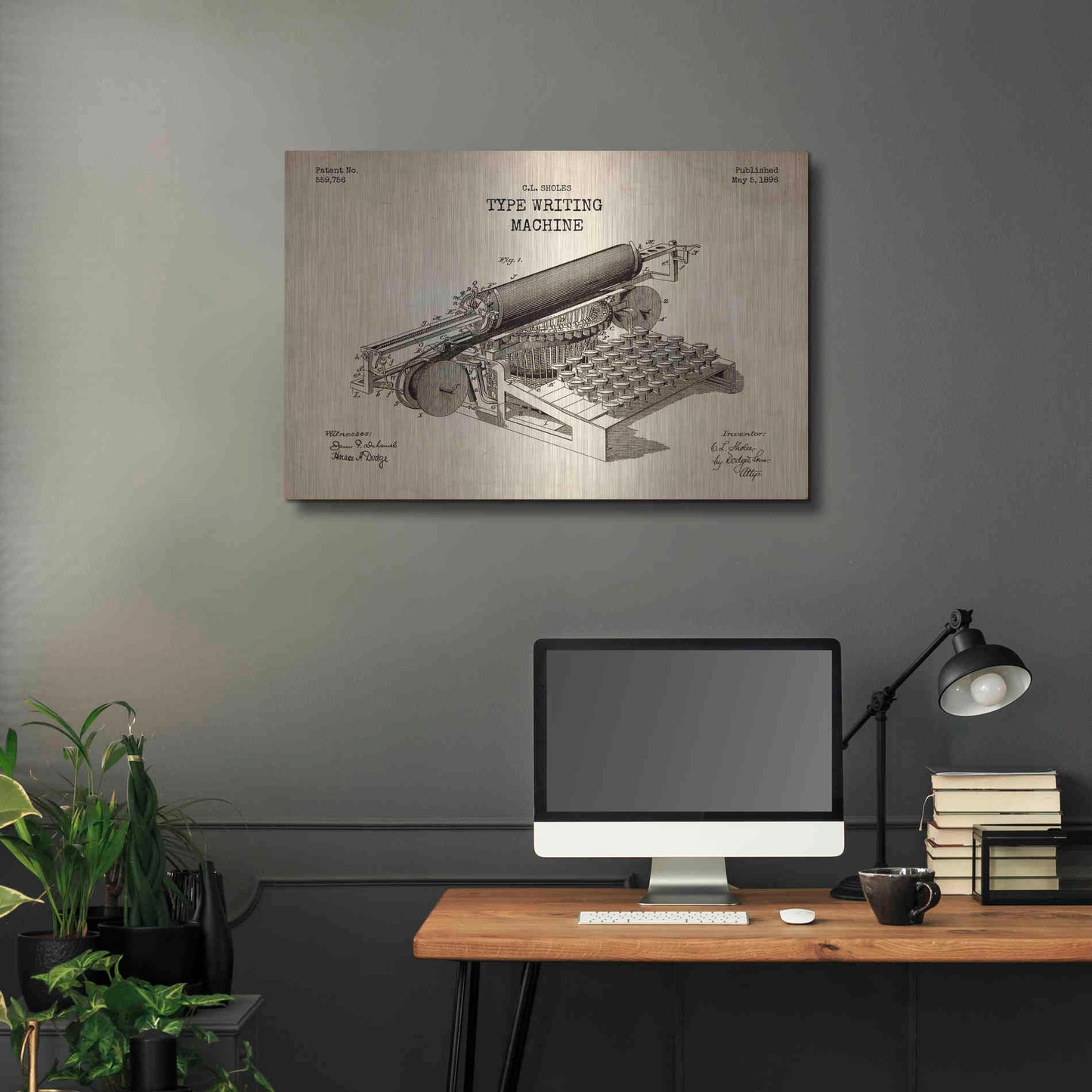 Luxe Metal Art 'Type Writing Machine Blueprint Patent Parchment' Metal Wall Art,36x24