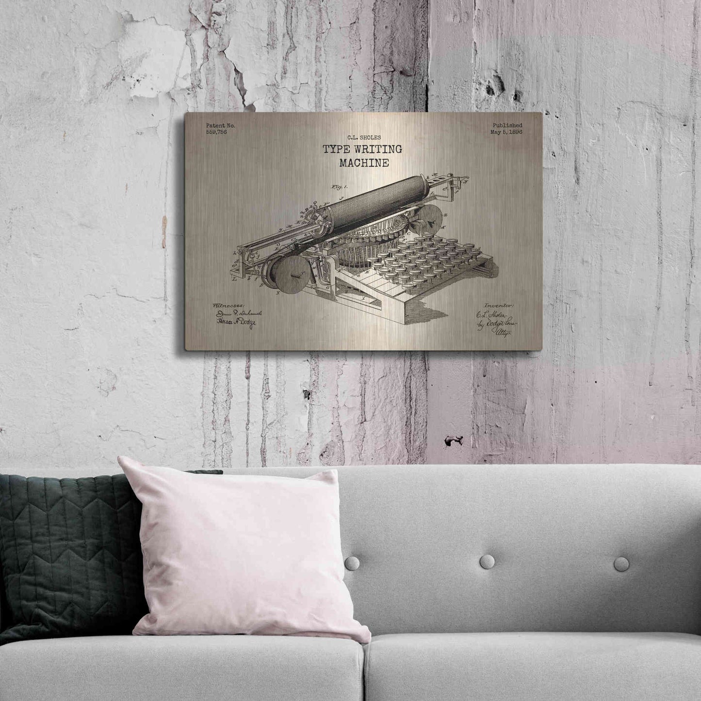 Luxe Metal Art 'Type Writing Machine Blueprint Patent Parchment' Metal Wall Art,36x24