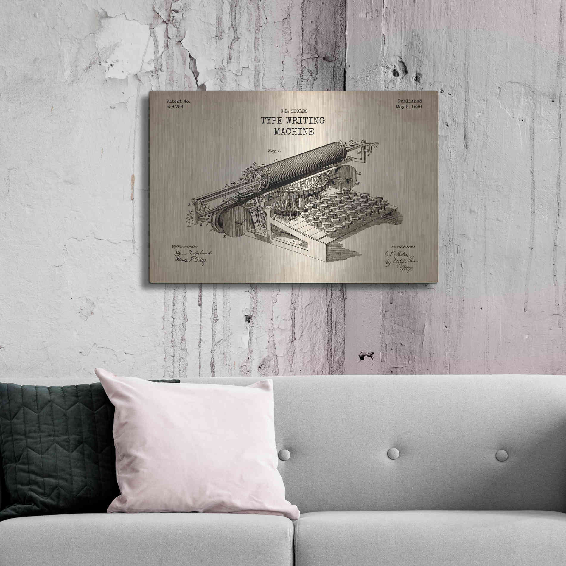 Luxe Metal Art 'Type Writing Machine Blueprint Patent Parchment' Metal Wall Art,36x24