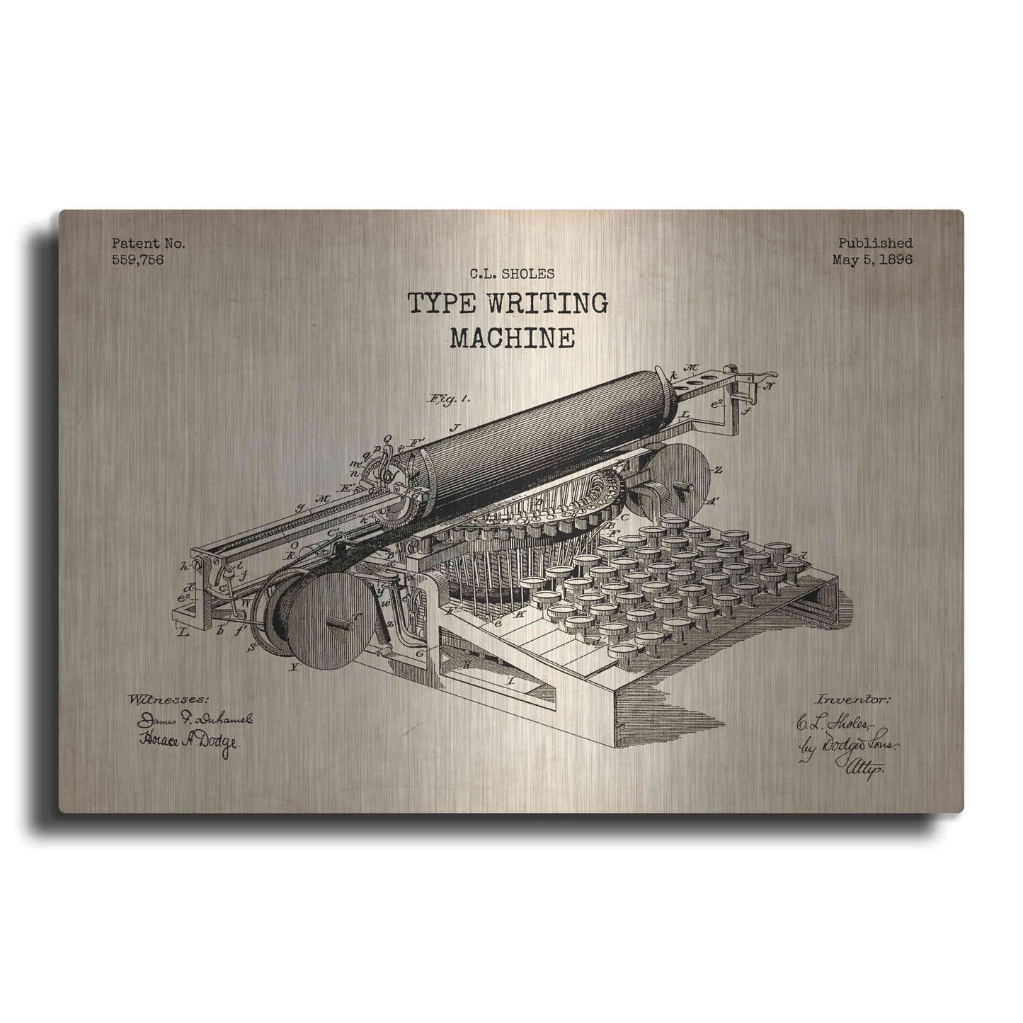 Luxe Metal Art 'Type Writing Machine Blueprint Patent Parchment' Metal Wall Art