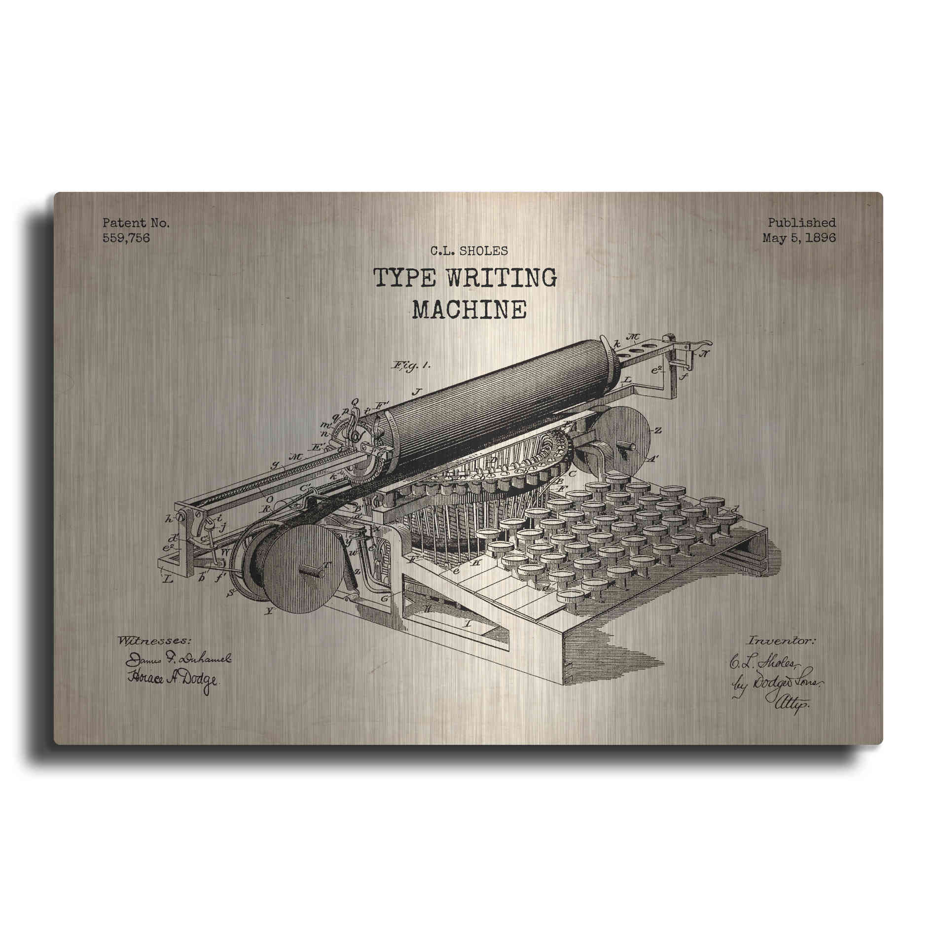 Luxe Metal Art 'Type Writing Machine Blueprint Patent Parchment' Metal Wall Art