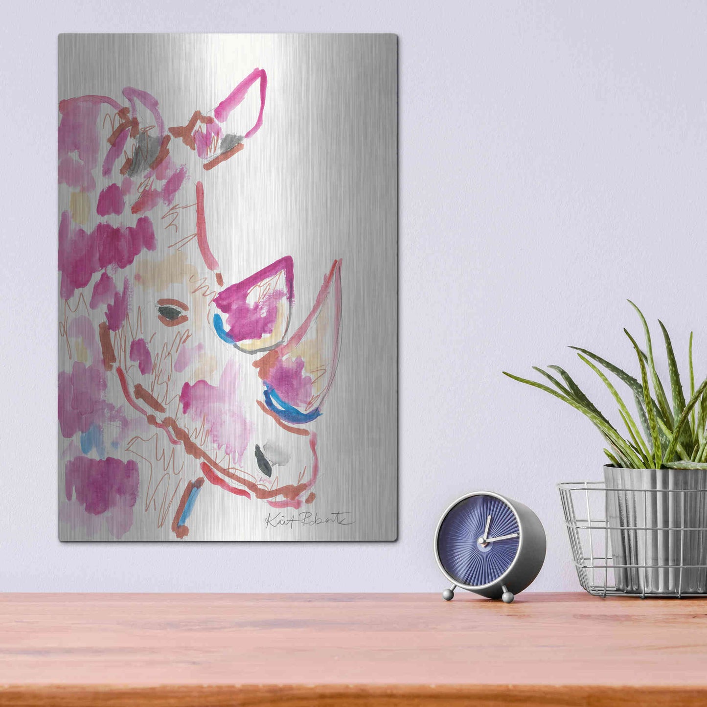 Luxe Metal Art 'Rainbow the Rhino' by Kait Roberts, Metal Wall Art,12x16