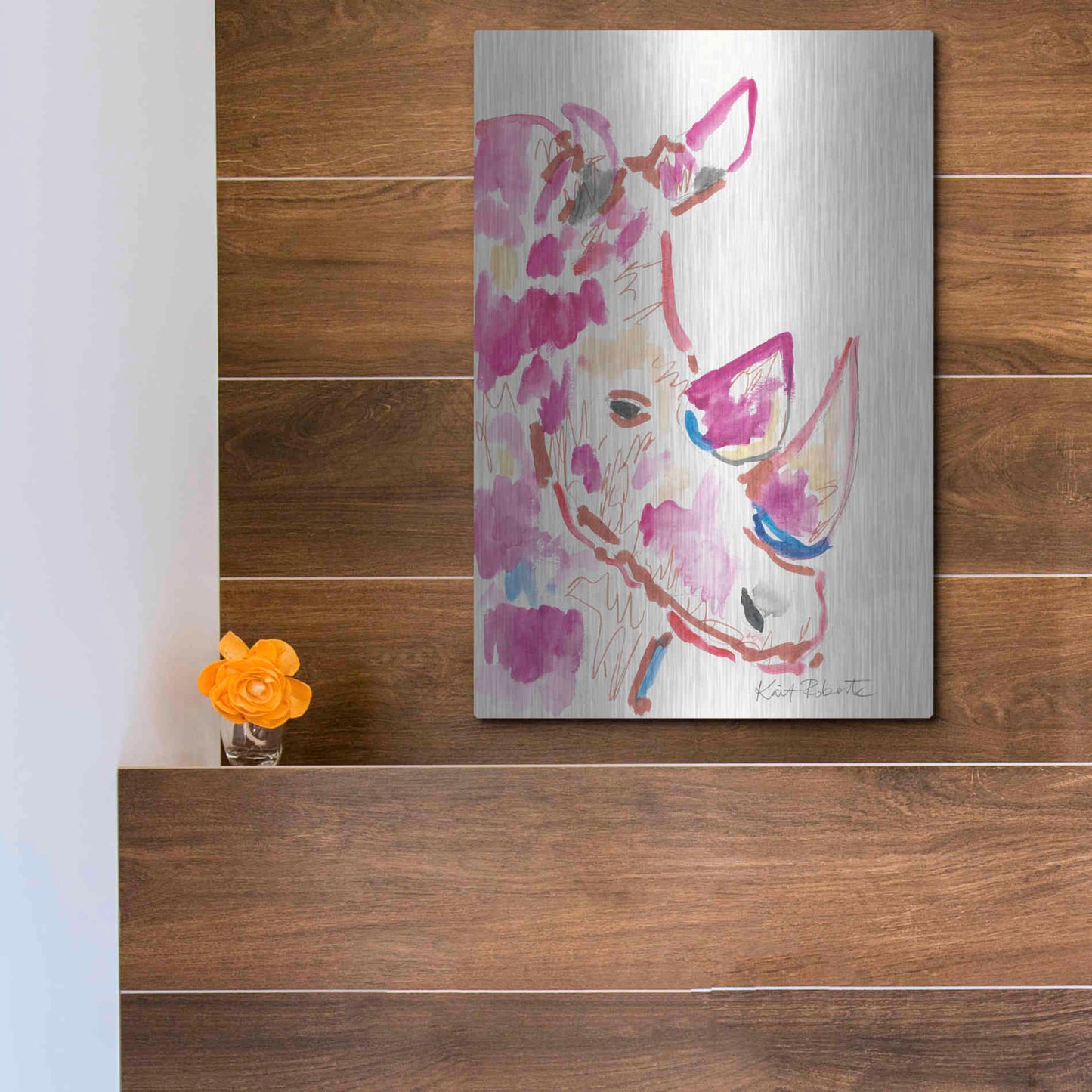 Luxe Metal Art 'Rainbow the Rhino' by Kait Roberts, Metal Wall Art,12x16