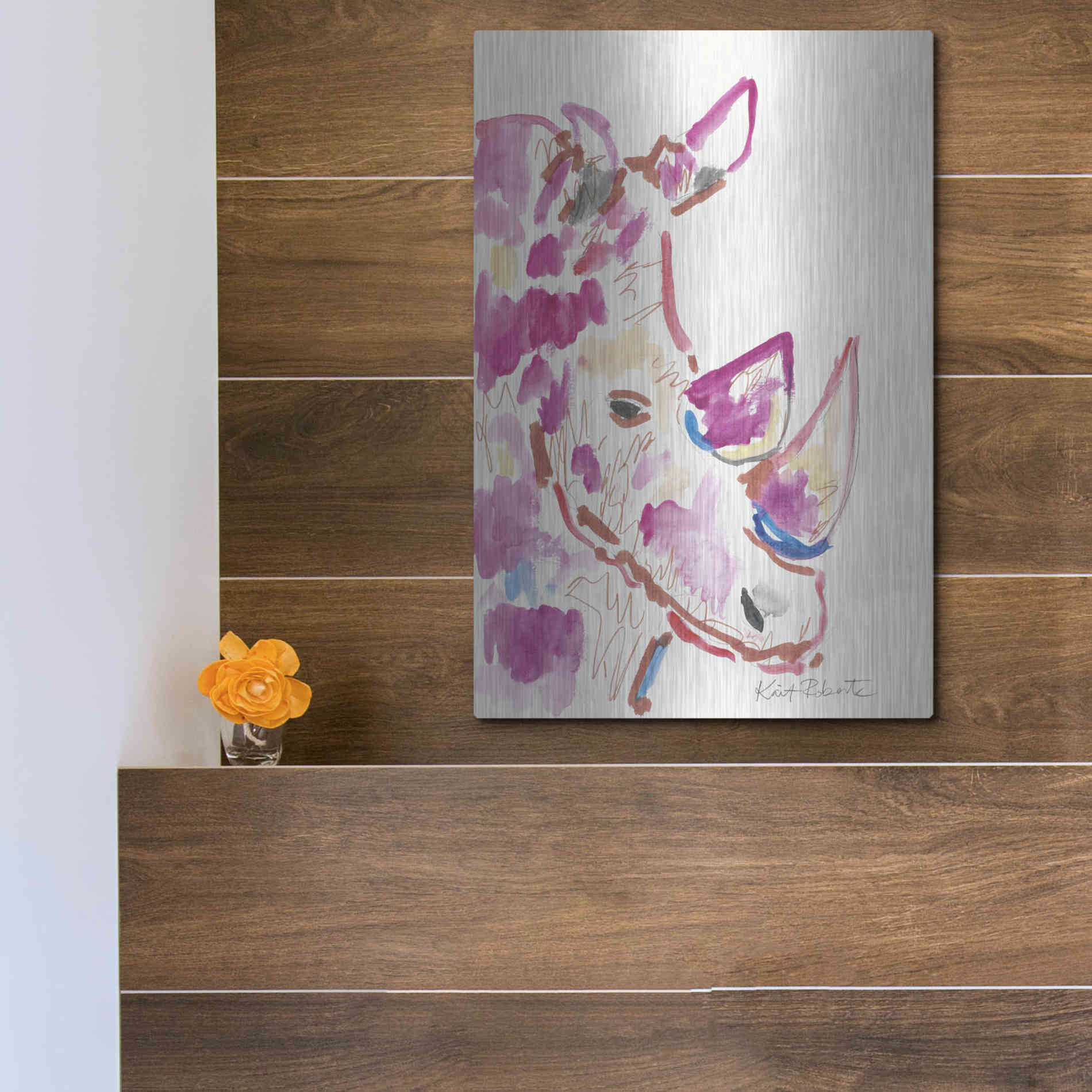 Luxe Metal Art 'Rainbow the Rhino' by Kait Roberts, Metal Wall Art,12x16