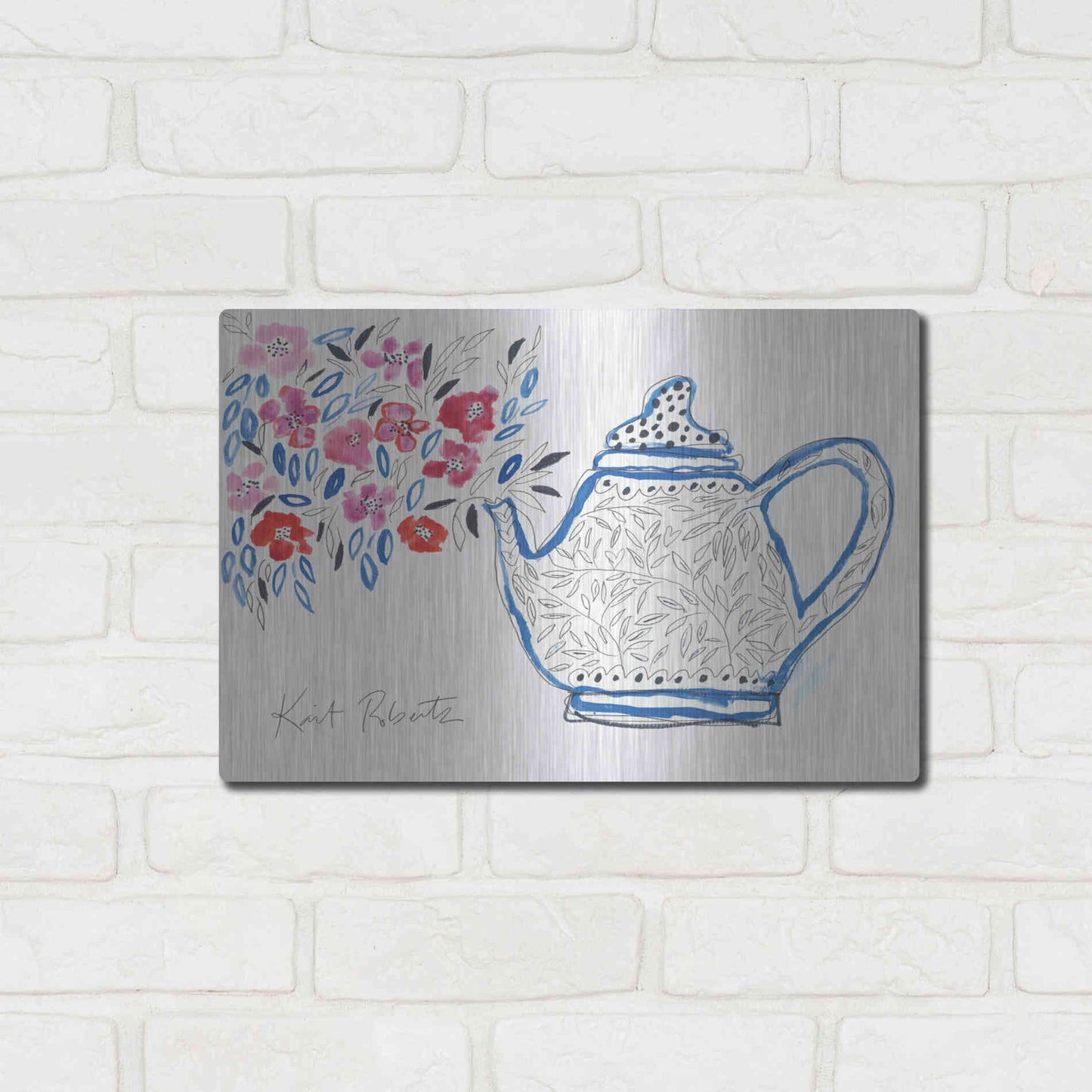 Luxe Metal Art 'Granny's Tea Pot' by Kait Roberts, Metal Wall Art,16x12