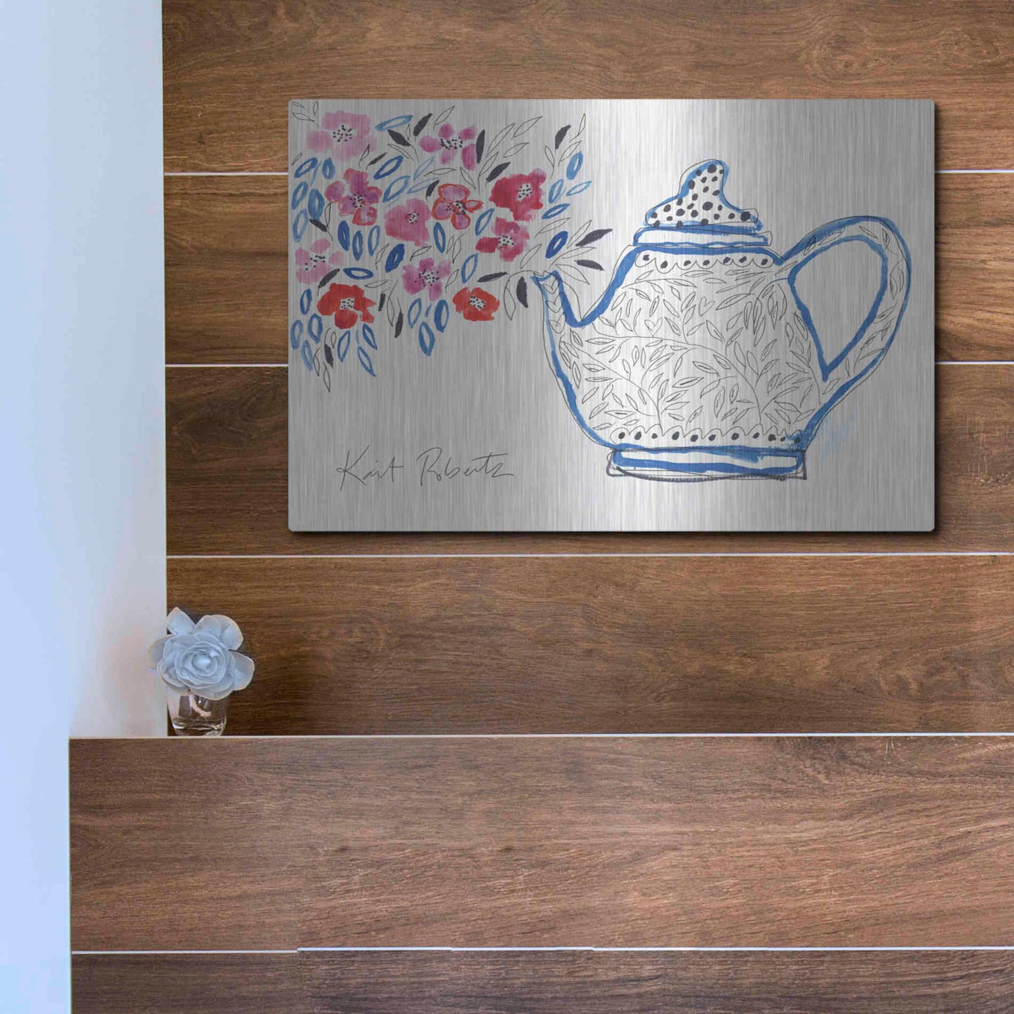 Luxe Metal Art 'Granny's Tea Pot' by Kait Roberts, Metal Wall Art,16x12