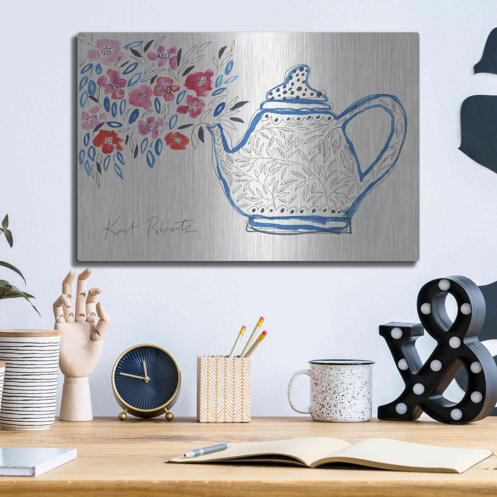 Luxe Metal Art 'Granny's Tea Pot' by Kait Roberts, Metal Wall Art,16x12