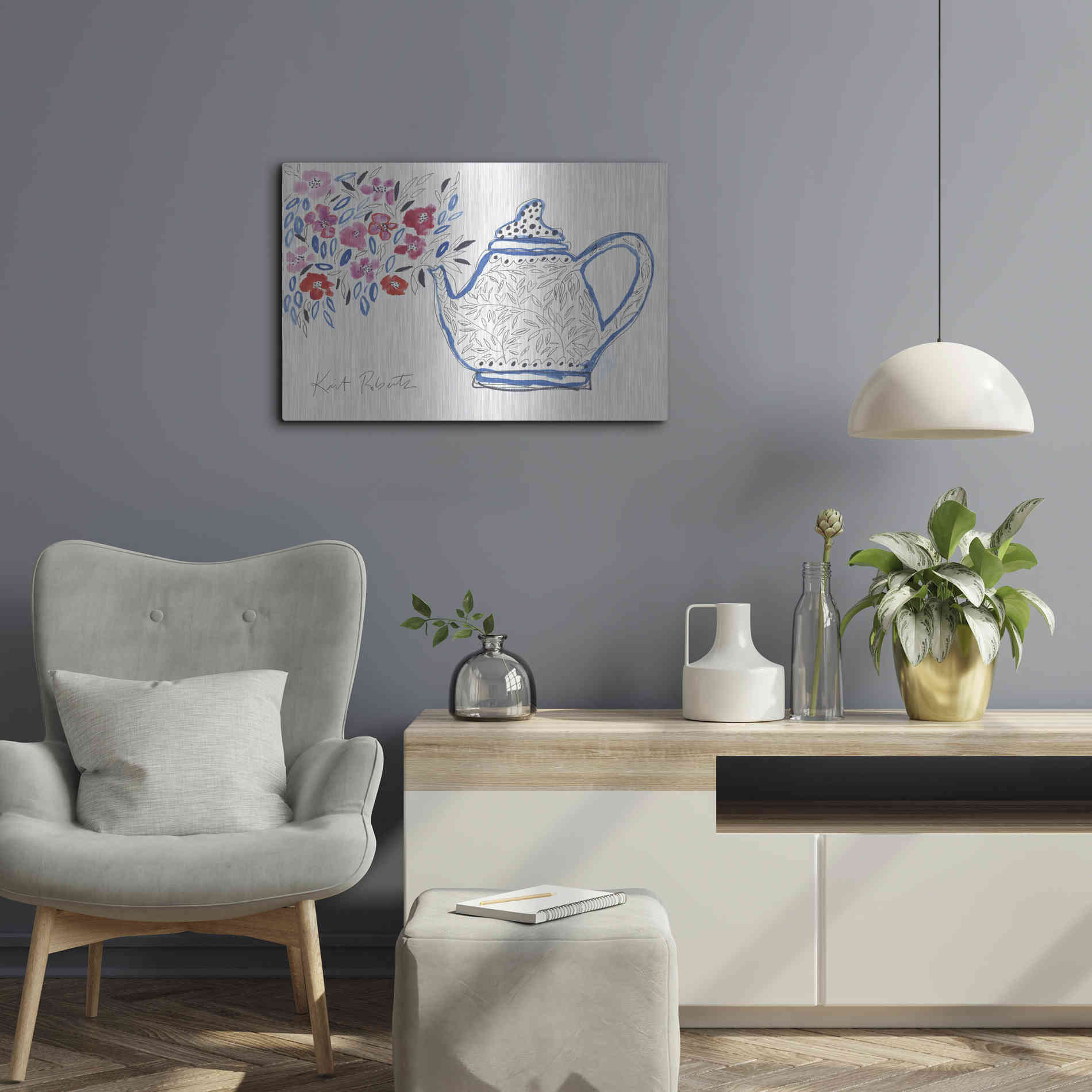 Luxe Metal Art 'Granny's Tea Pot' by Kait Roberts, Metal Wall Art,24x16