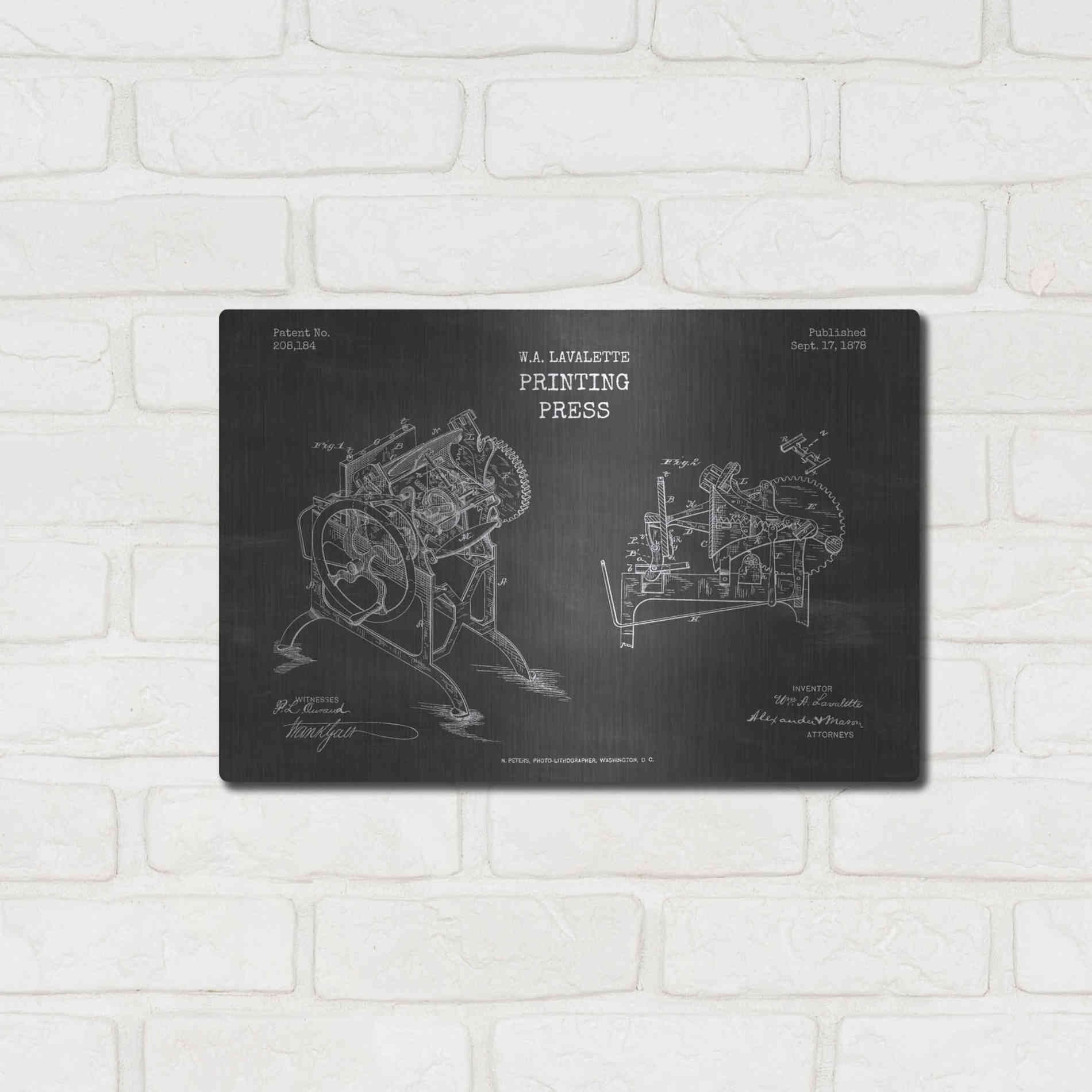 Luxe Metal Art 'Printing Press Blueprint Patent Chalkboard' Metal Wall Art,16x12