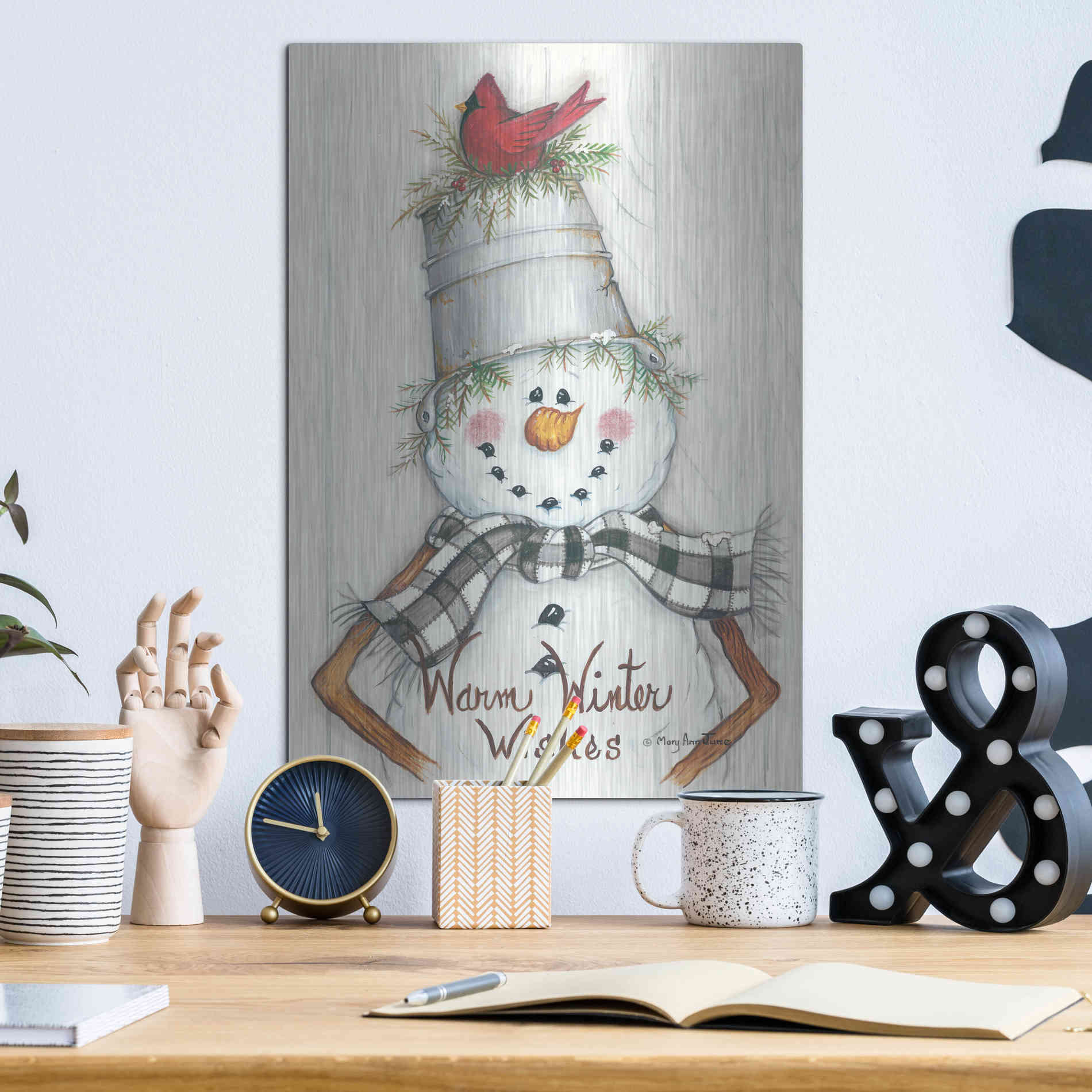 Luxe Metal Art 'Country Snowman' by Mary Ann June, Metal Wall Art,12x16