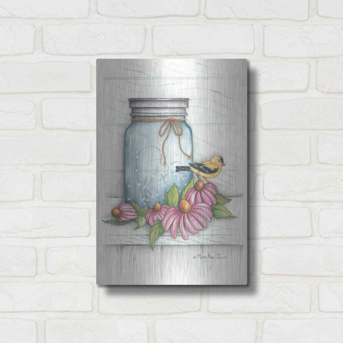 Luxe Metal Art 'Goldfinch and Flowers' by Mary Ann June, Metal Wall Art,12x16