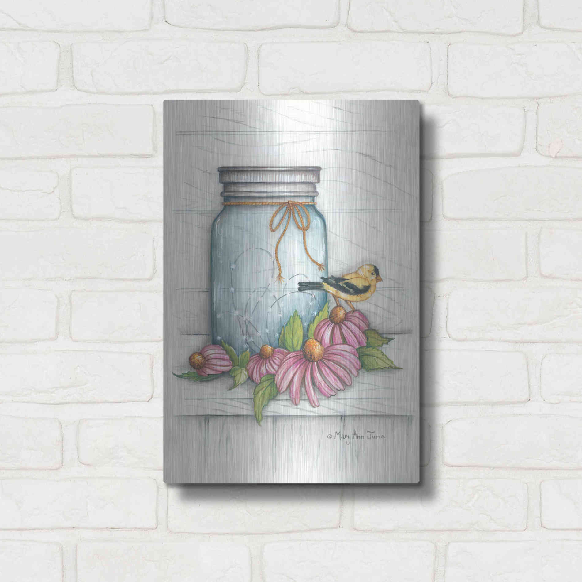 Luxe Metal Art 'Goldfinch and Flowers' by Mary Ann June, Metal Wall Art,12x16
