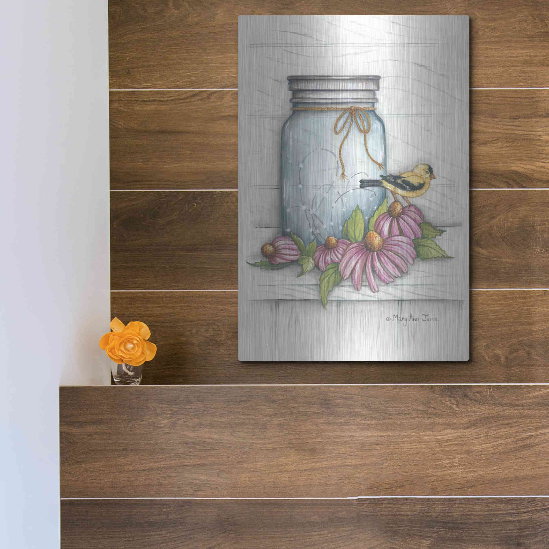 Luxe Metal Art 'Goldfinch and Flowers' by Mary Ann June, Metal Wall Art,12x16