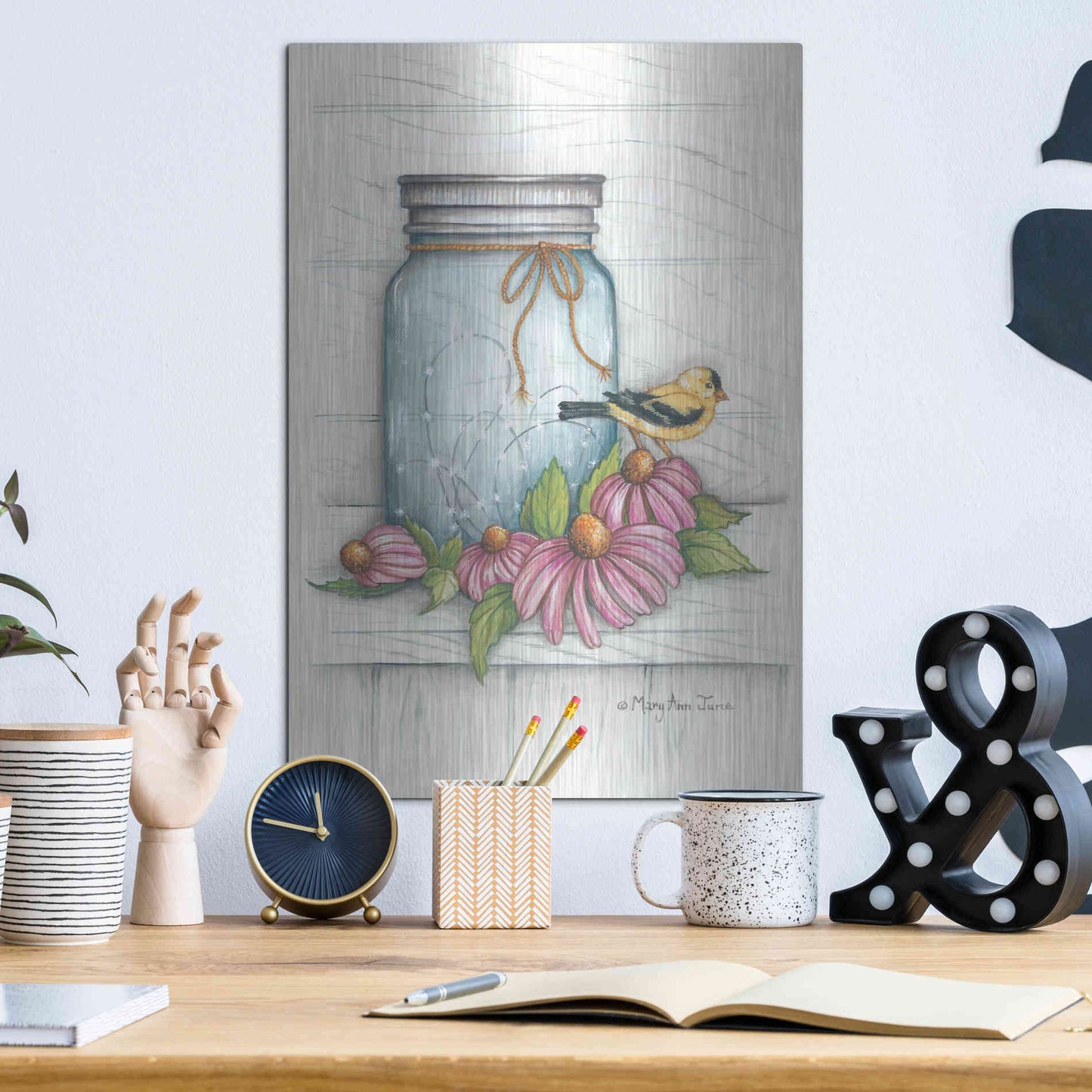 Luxe Metal Art 'Goldfinch and Flowers' by Mary Ann June, Metal Wall Art,12x16
