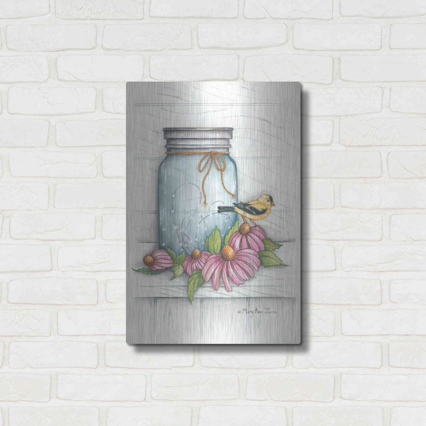 Luxe Metal Art 'Goldfinch and Flowers' by Mary Ann June, Metal Wall Art,16x24