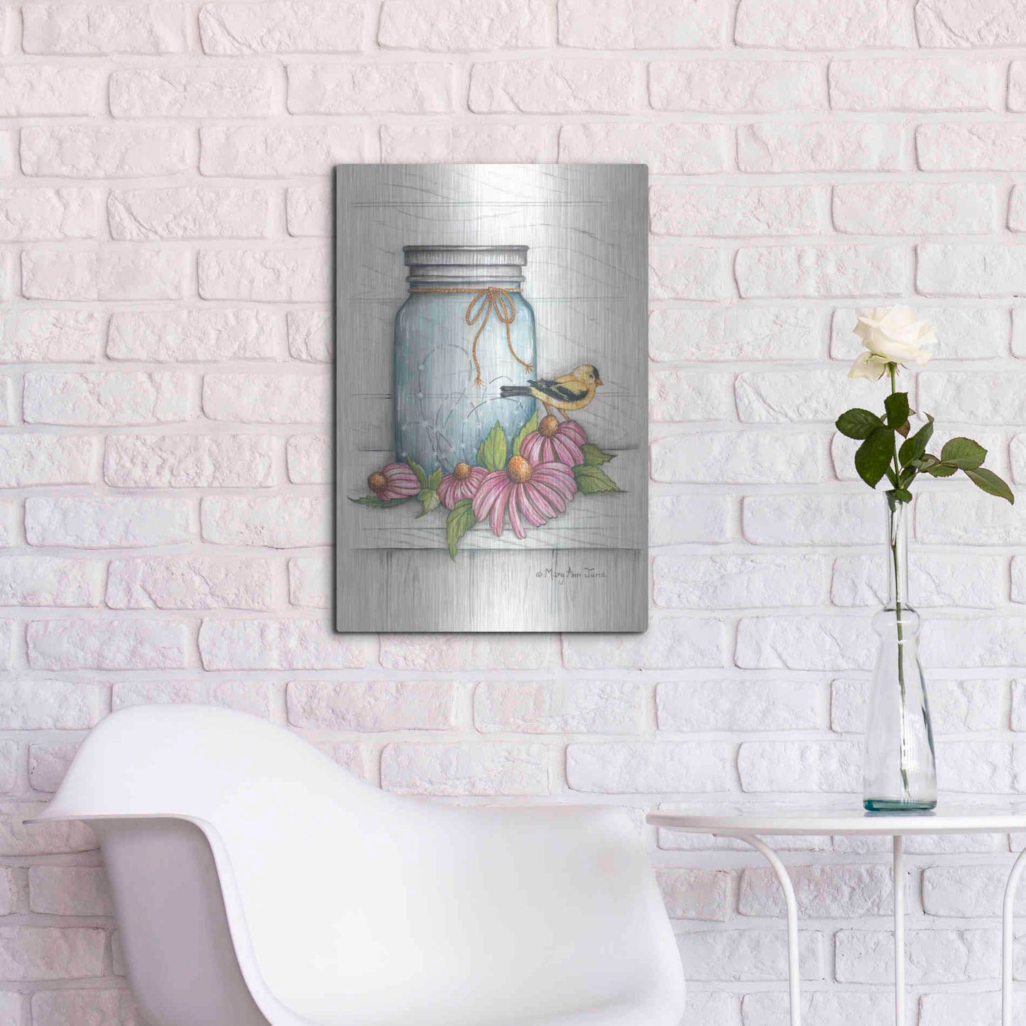 Luxe Metal Art 'Goldfinch and Flowers' by Mary Ann June, Metal Wall Art,16x24