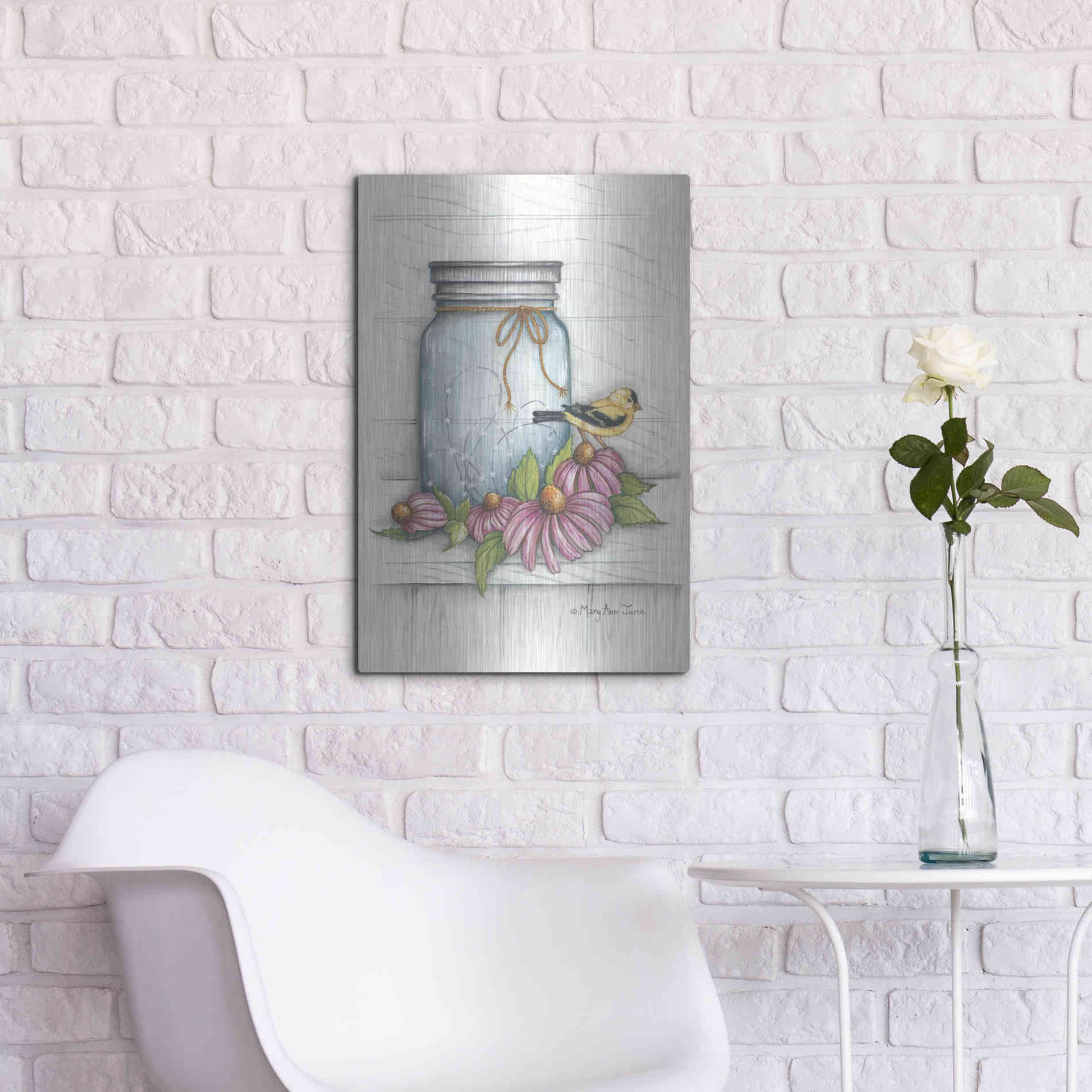 Luxe Metal Art 'Goldfinch and Flowers' by Mary Ann June, Metal Wall Art,16x24