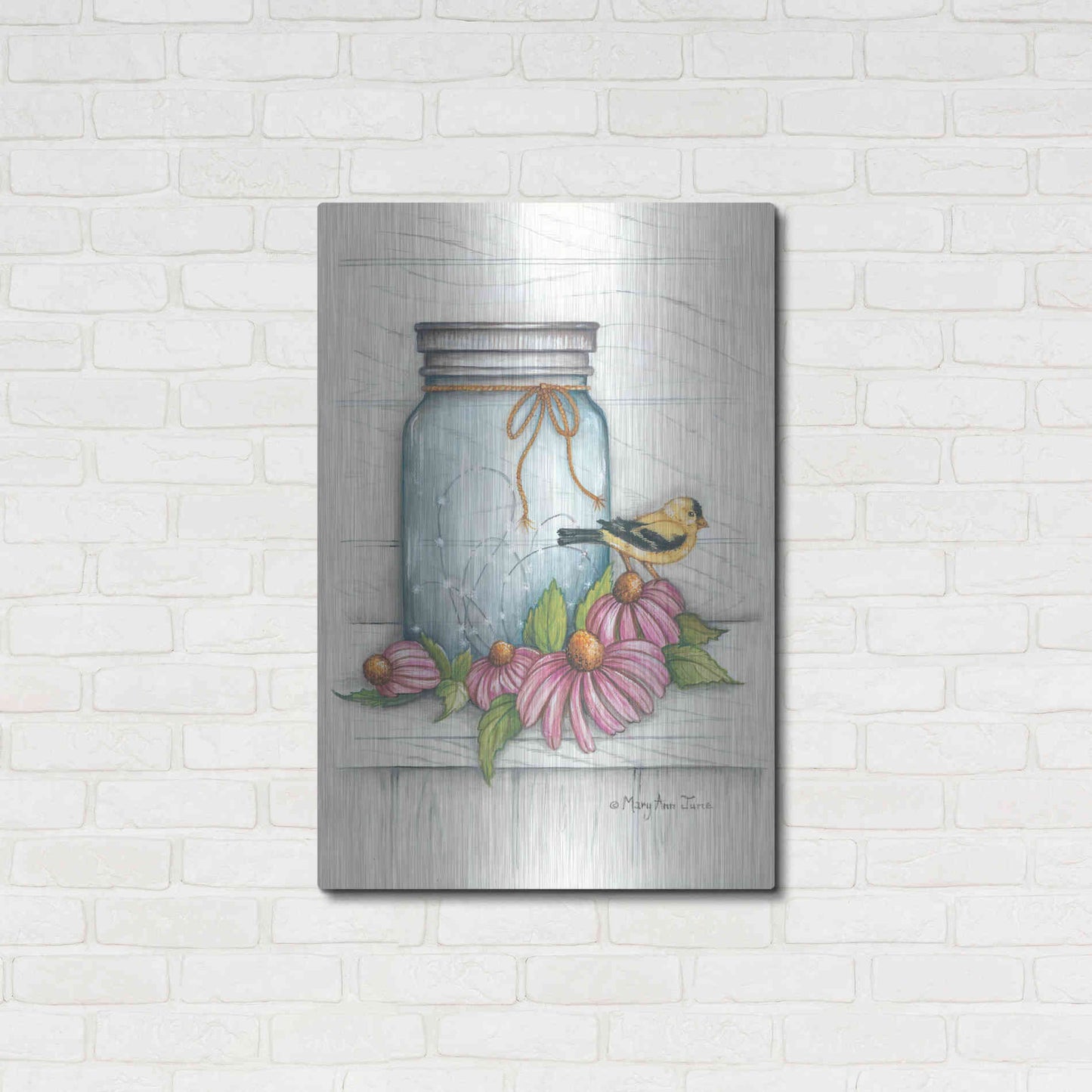 Luxe Metal Art 'Goldfinch and Flowers' by Mary Ann June, Metal Wall Art,24x36