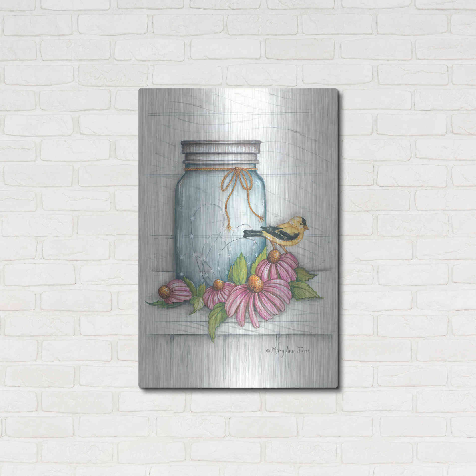 Luxe Metal Art 'Goldfinch and Flowers' by Mary Ann June, Metal Wall Art,24x36