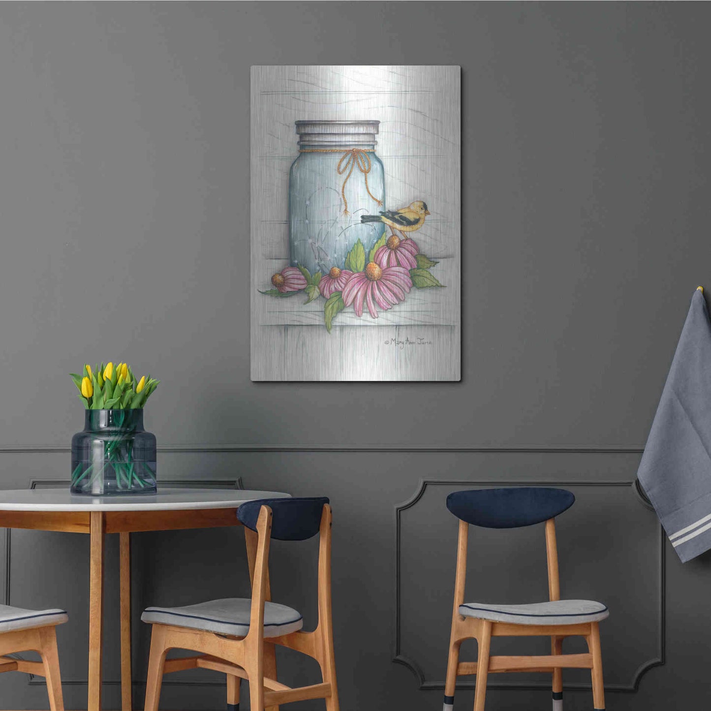 Luxe Metal Art 'Goldfinch and Flowers' by Mary Ann June, Metal Wall Art,24x36