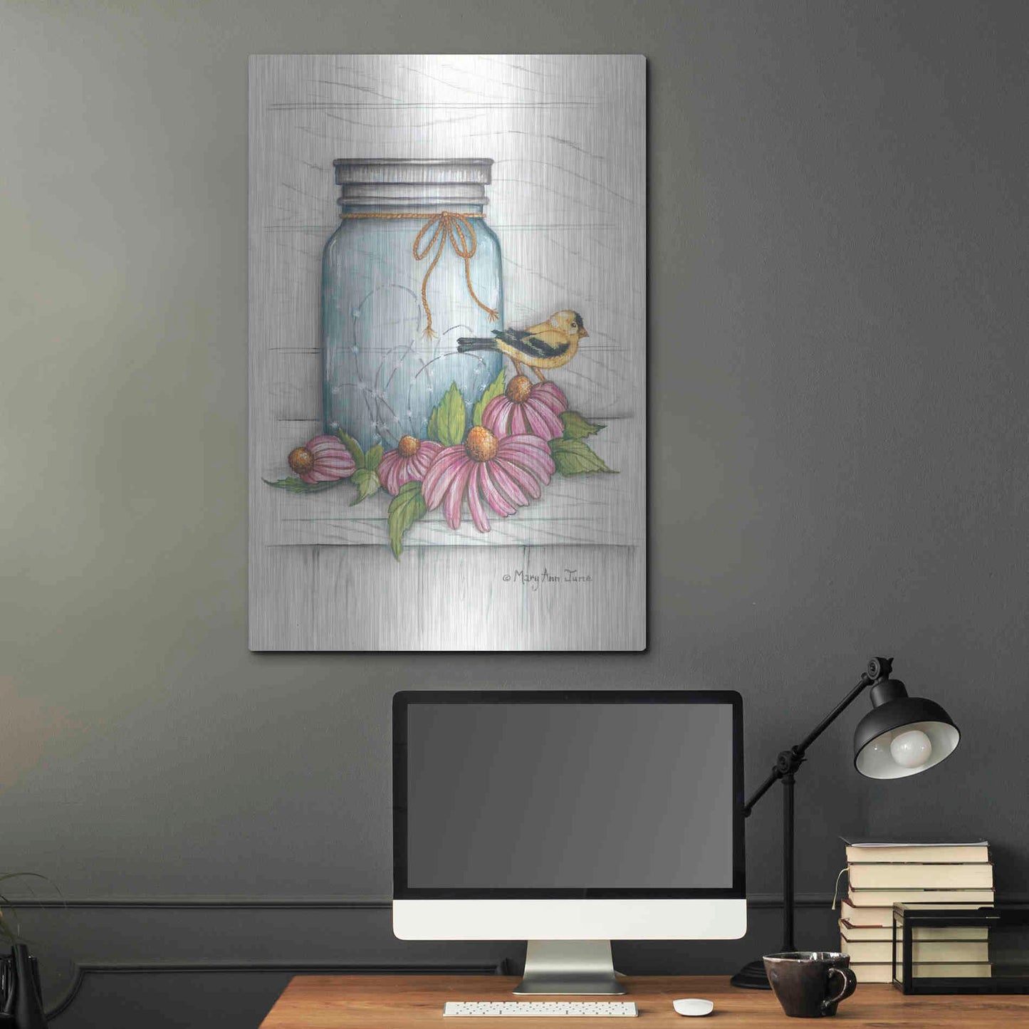 Luxe Metal Art 'Goldfinch and Flowers' by Mary Ann June, Metal Wall Art,24x36