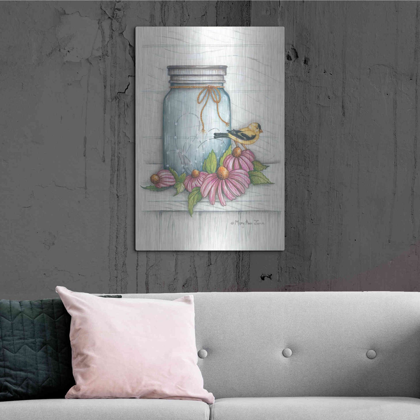 Luxe Metal Art 'Goldfinch and Flowers' by Mary Ann June, Metal Wall Art,24x36