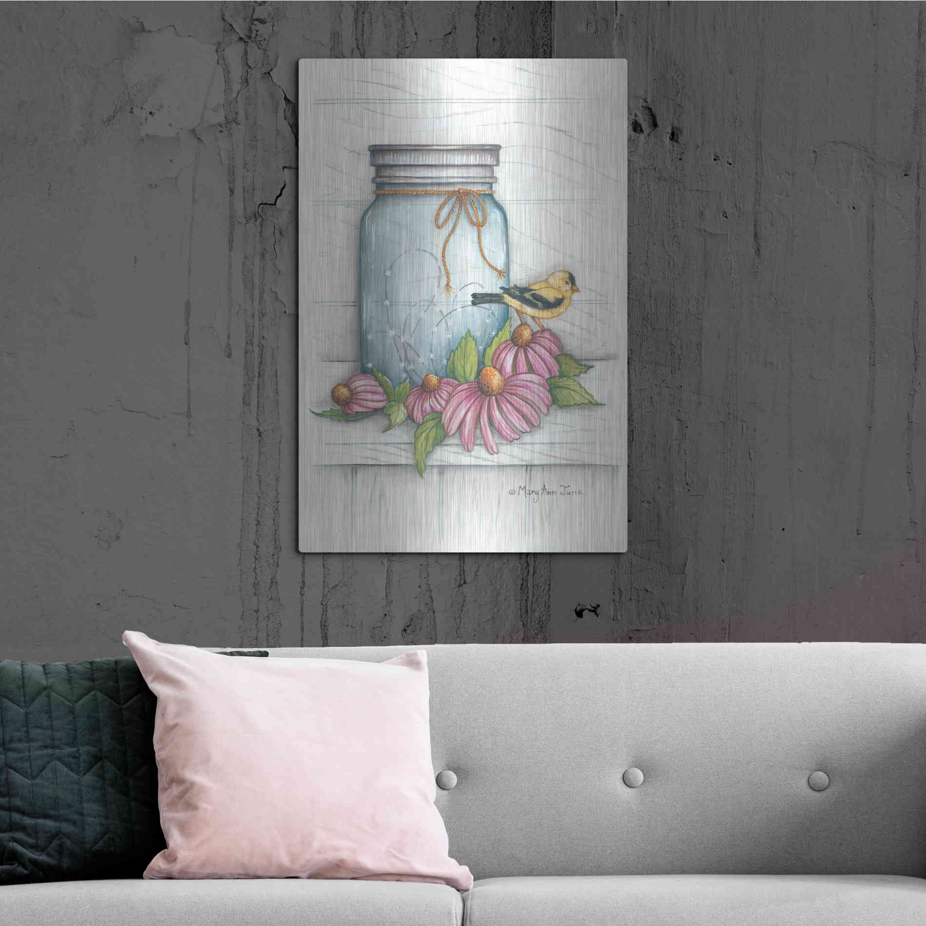 Luxe Metal Art 'Goldfinch and Flowers' by Mary Ann June, Metal Wall Art,24x36
