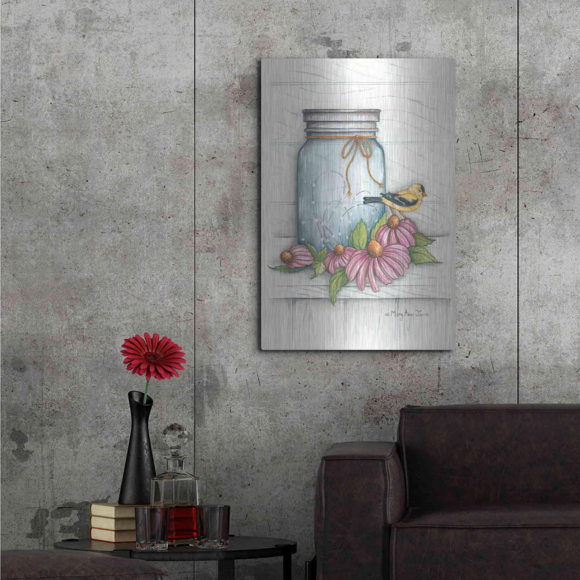 Luxe Metal Art 'Goldfinch and Flowers' by Mary Ann June, Metal Wall Art,24x36