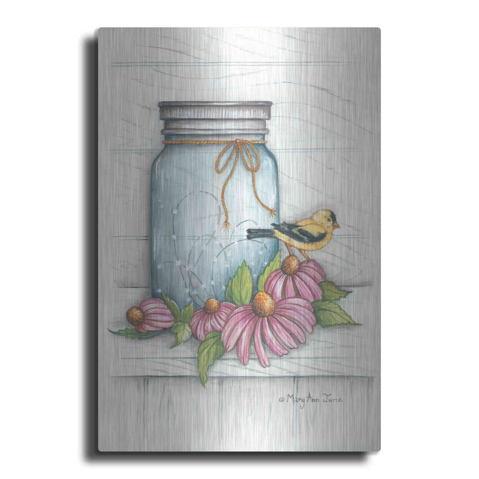 Luxe Metal Art 'Goldfinch and Flowers' by Mary Ann June, Metal Wall Art