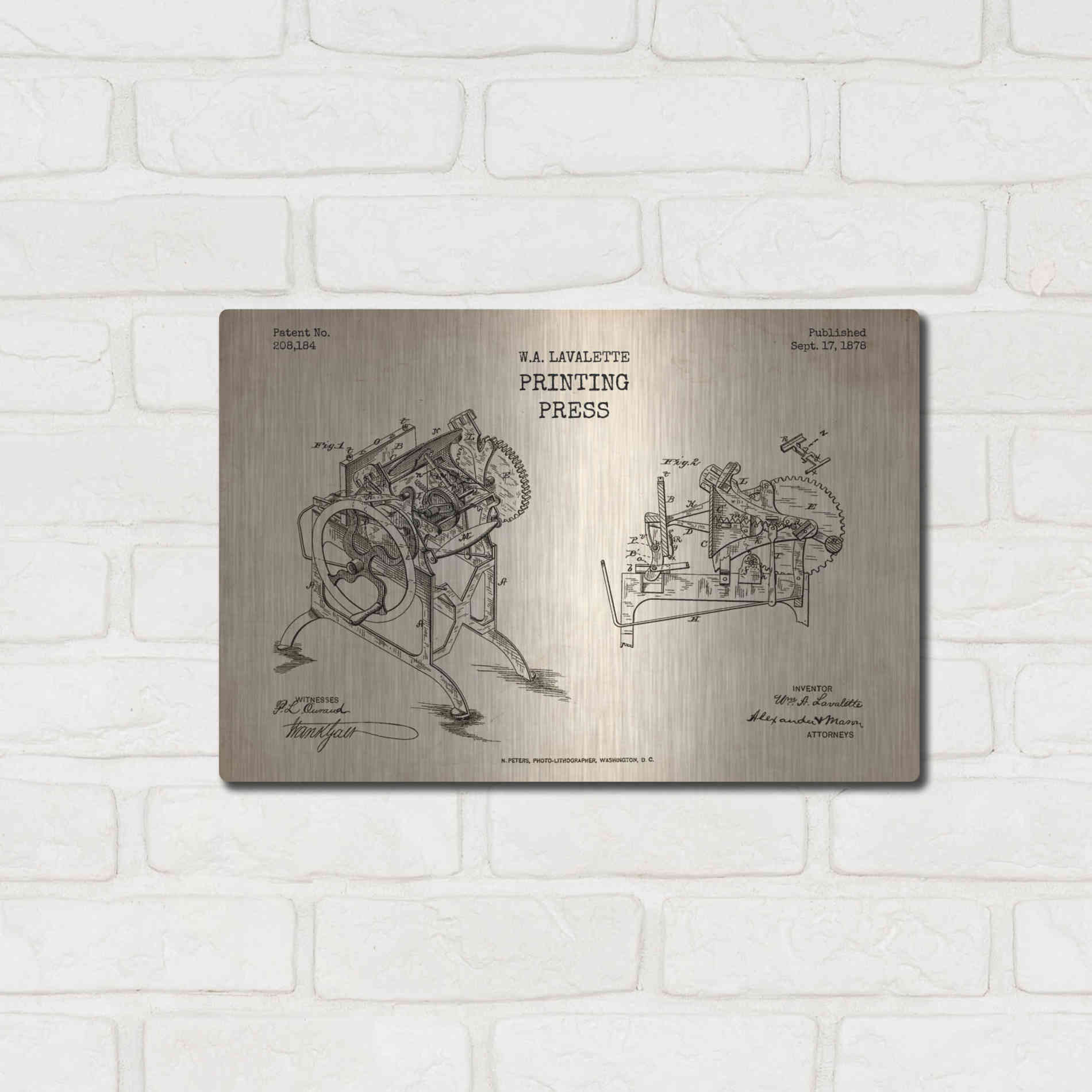 Luxe Metal Art 'Printing Press Blueprint Patent Parchment' Metal Wall Art,16x12