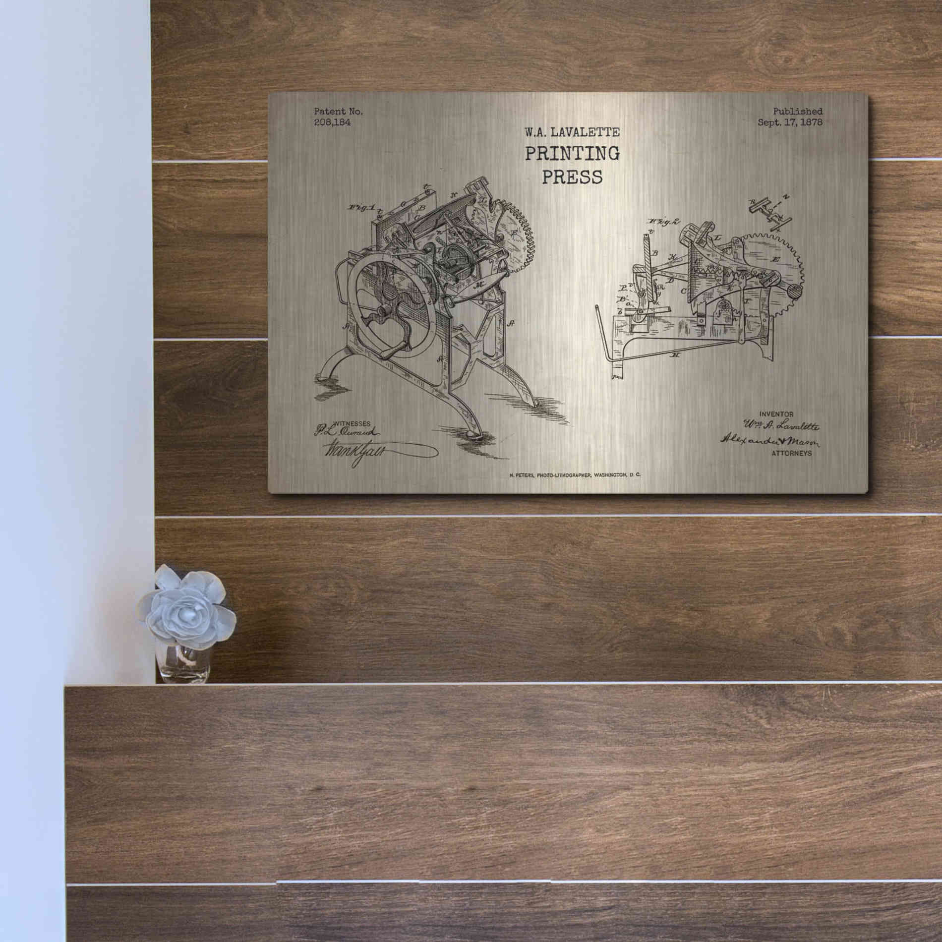 Luxe Metal Art 'Printing Press Blueprint Patent Parchment' Metal Wall Art,16x12