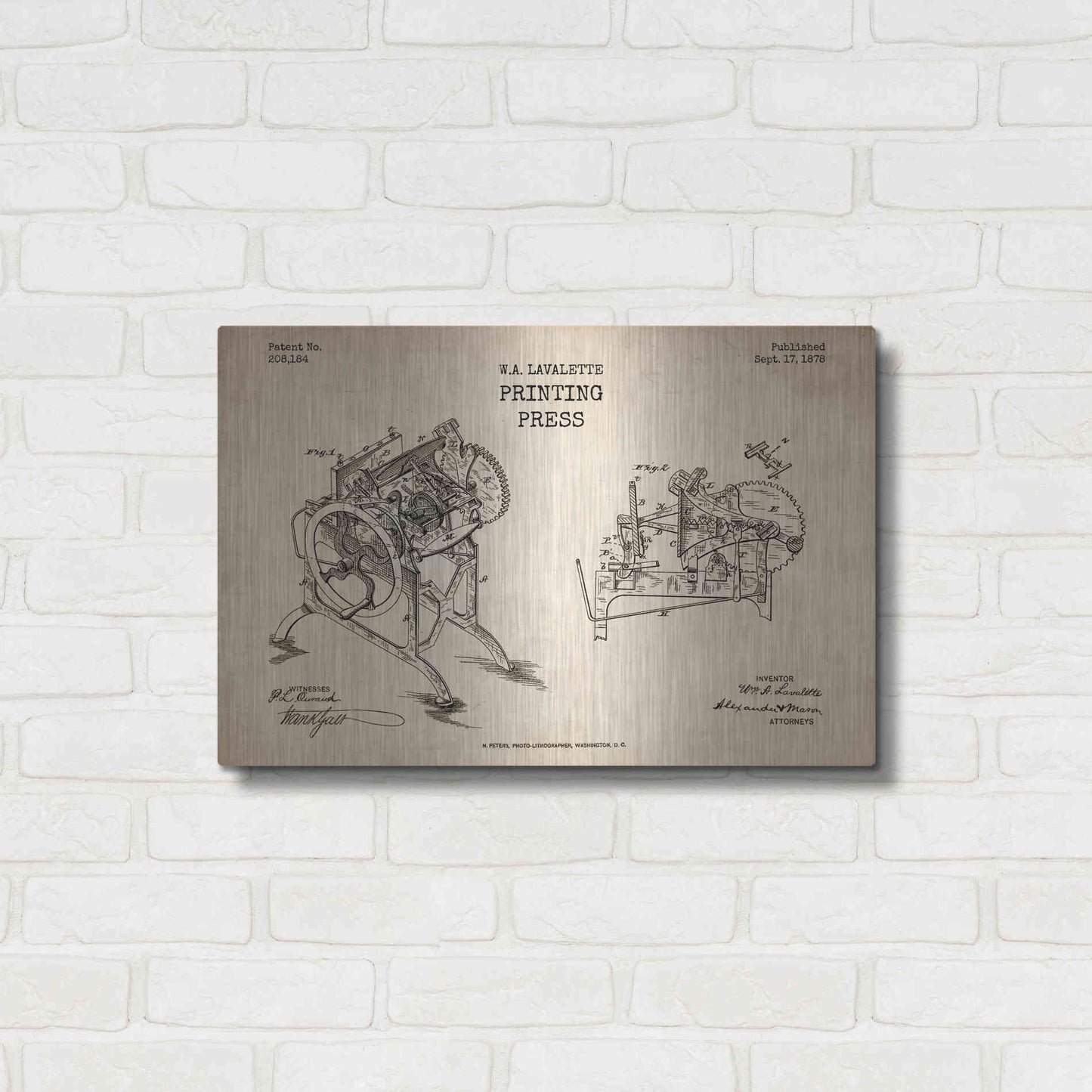 Luxe Metal Art 'Printing Press Blueprint Patent Parchment' Metal Wall Art,24x16