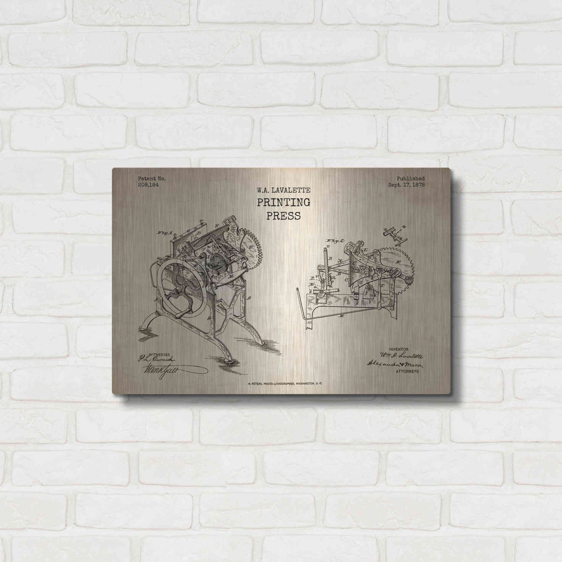 Luxe Metal Art 'Printing Press Blueprint Patent Parchment' Metal Wall Art,24x16