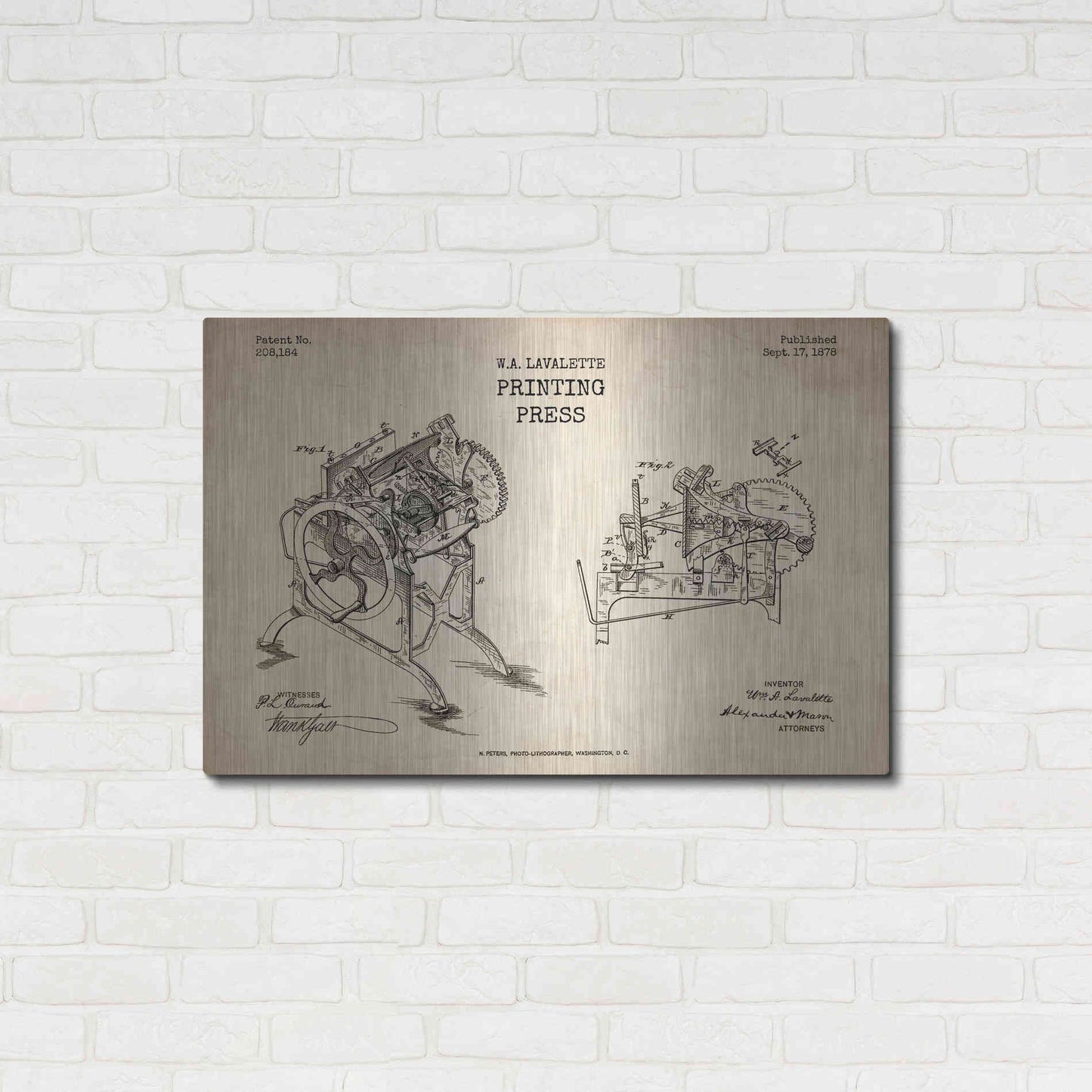 Luxe Metal Art 'Printing Press Blueprint Patent Parchment' Metal Wall Art,36x24