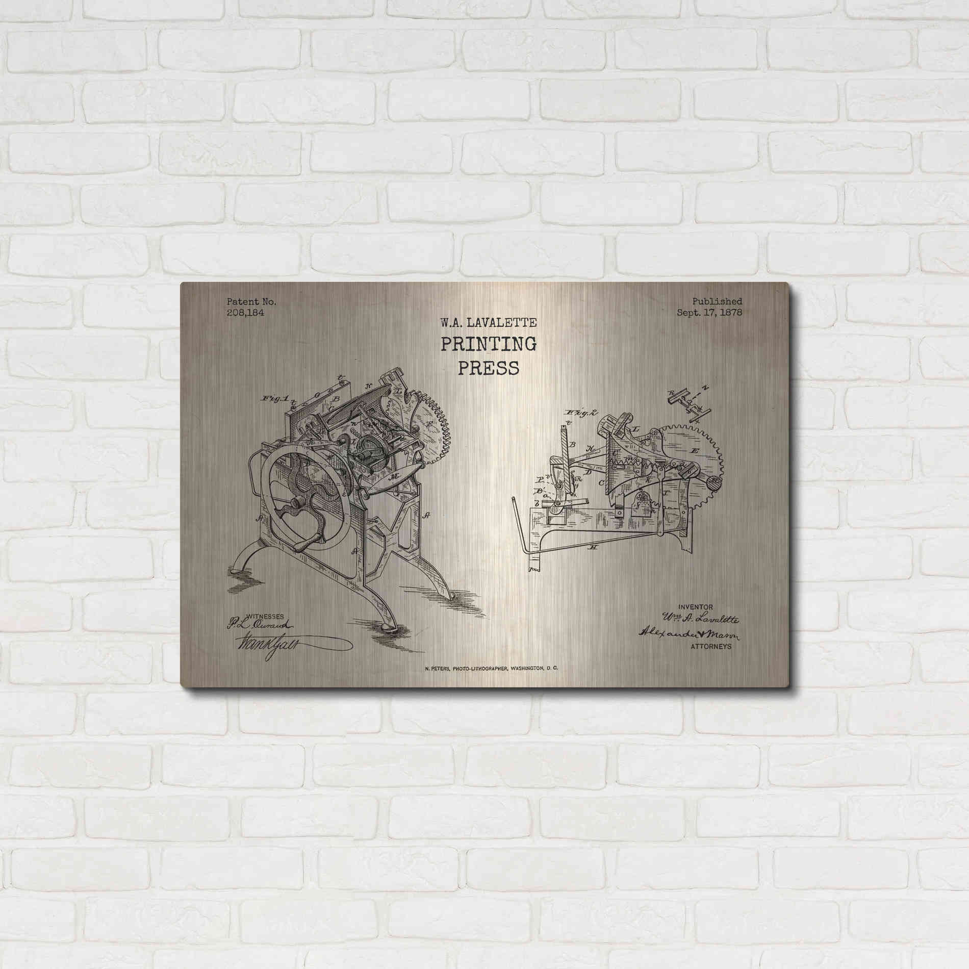 Luxe Metal Art 'Printing Press Blueprint Patent Parchment' Metal Wall Art,36x24
