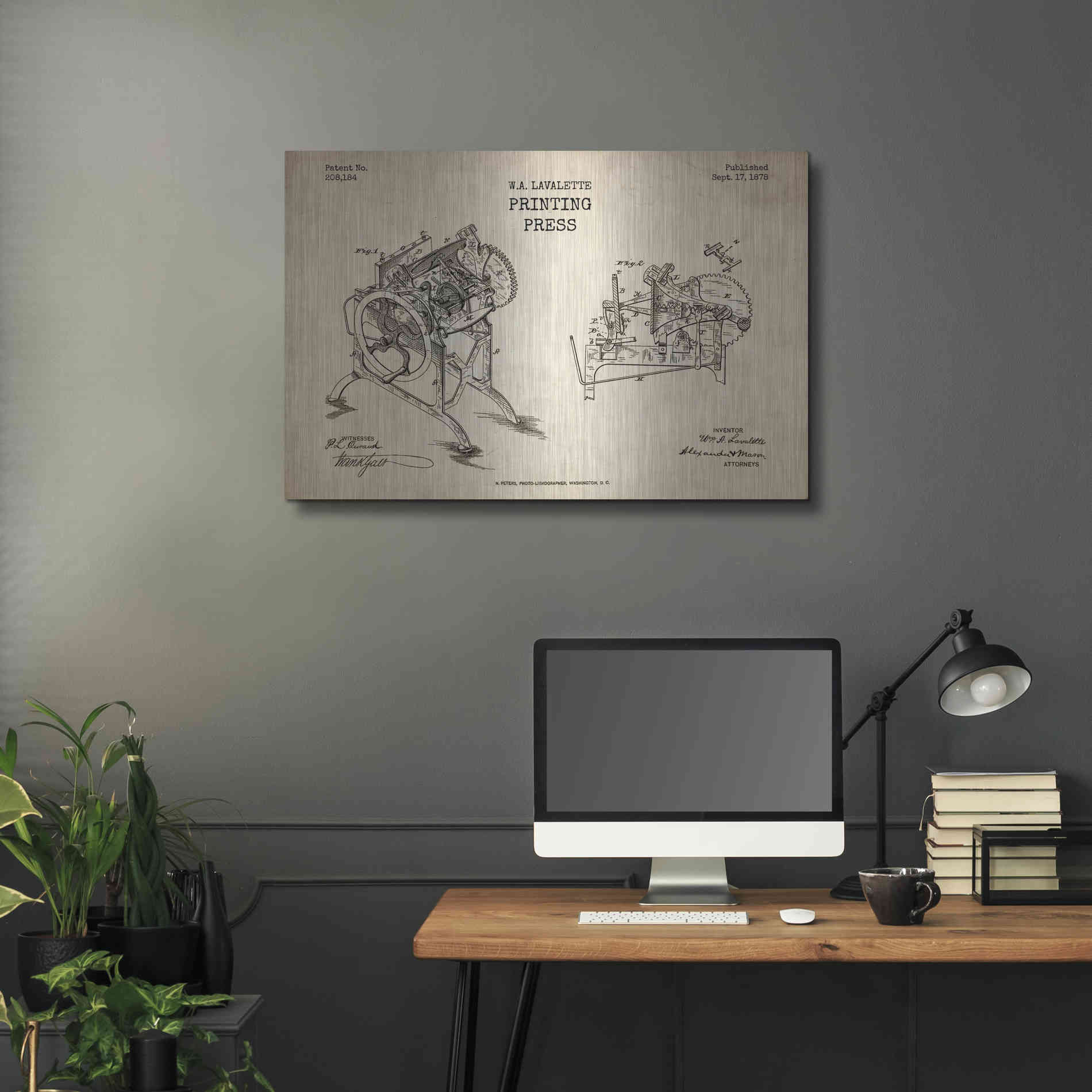 Luxe Metal Art 'Printing Press Blueprint Patent Parchment' Metal Wall Art,36x24