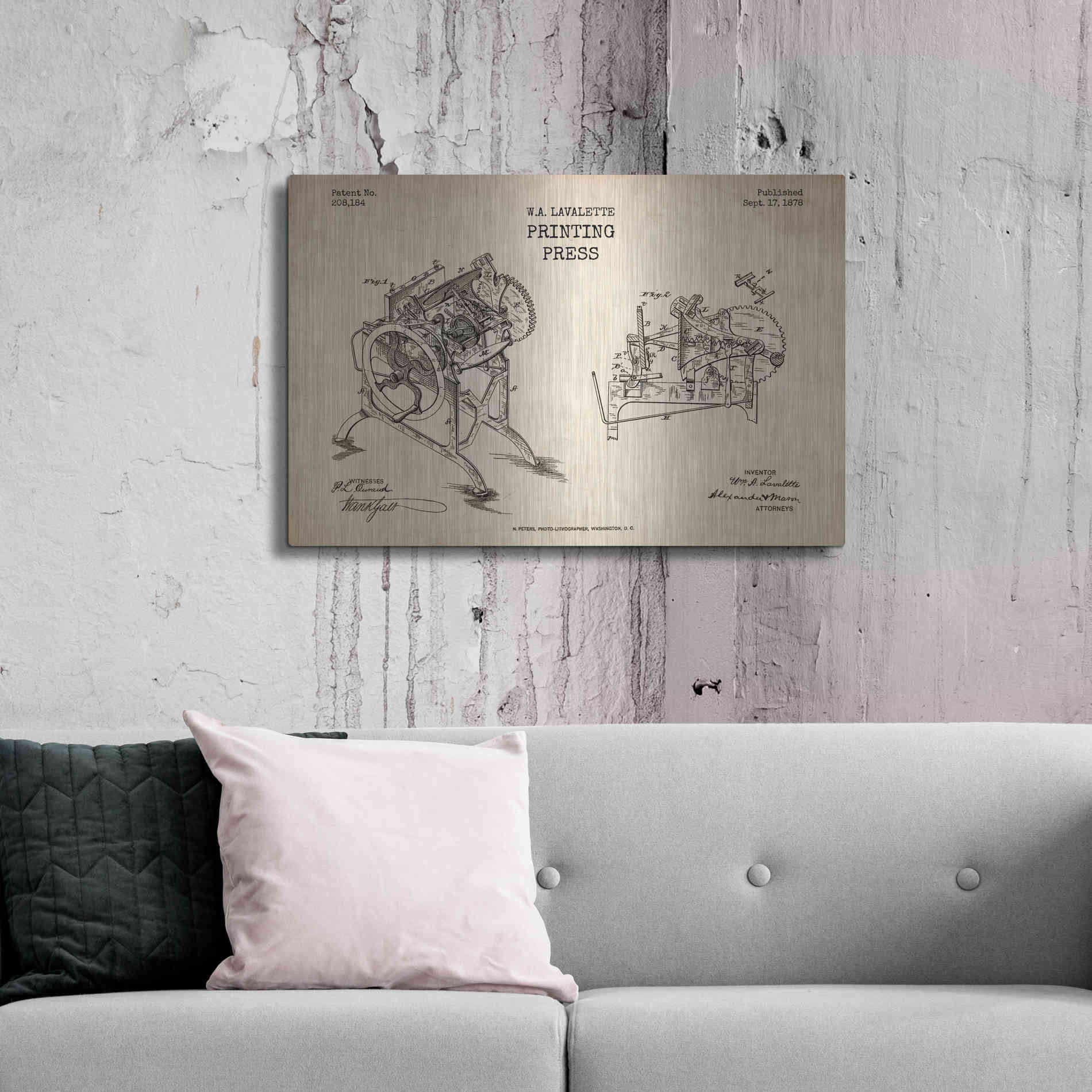 Luxe Metal Art 'Printing Press Blueprint Patent Parchment' Metal Wall Art,36x24
