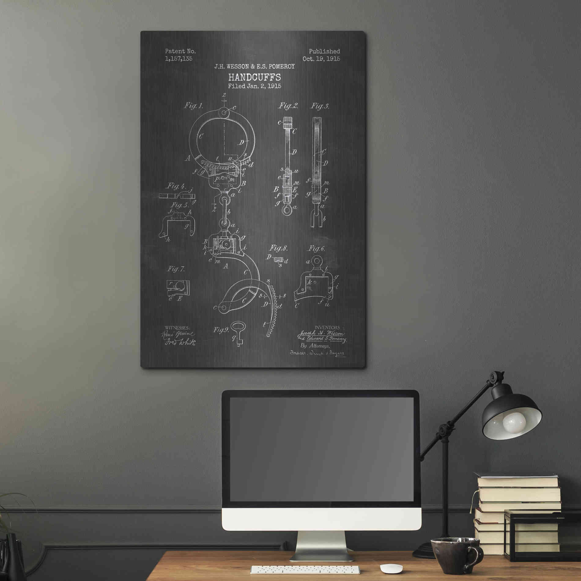 Luxe Metal Art 'Handcuffs Blueprint Patent Chalkboard' Metal Wall Art,24x36