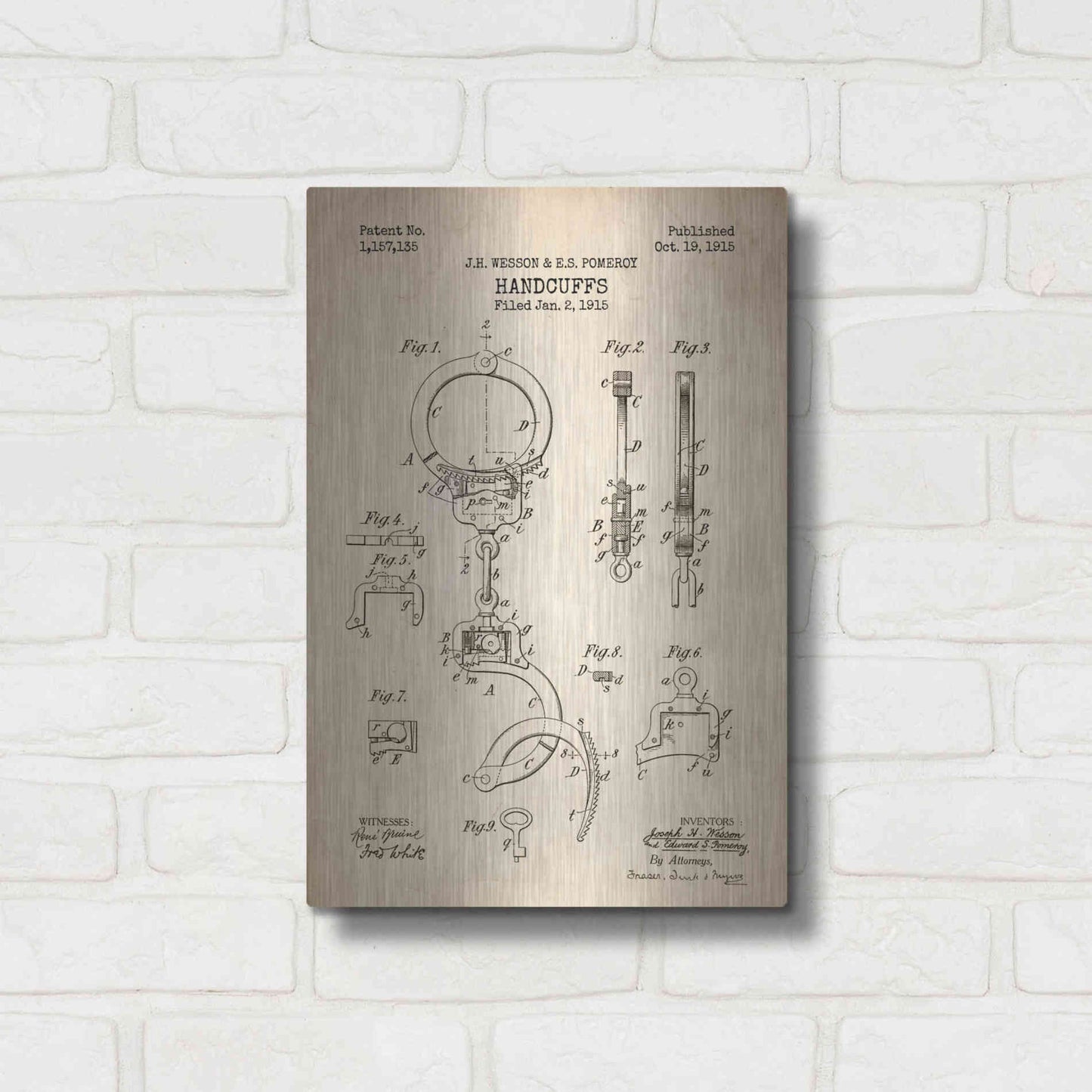 Luxe Metal Art 'Handcuffs Blueprint Patent Parchment' Metal Wall Art,12x16