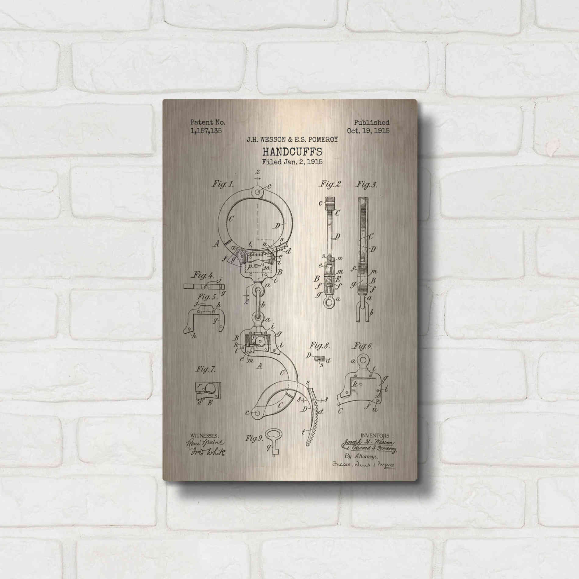 Luxe Metal Art 'Handcuffs Blueprint Patent Parchment' Metal Wall Art,12x16