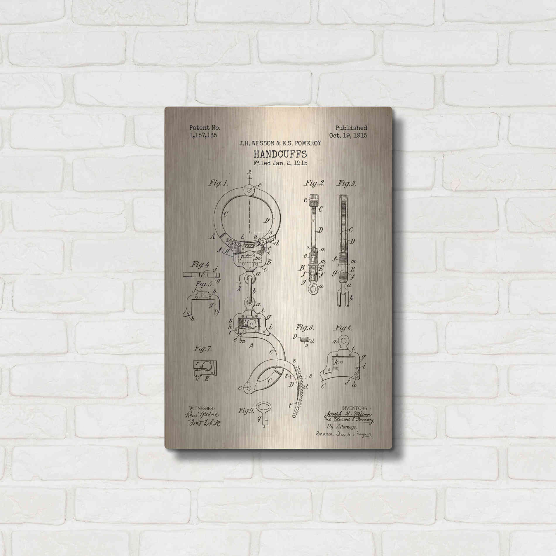 Luxe Metal Art 'Handcuffs Blueprint Patent Parchment' Metal Wall Art,16x24