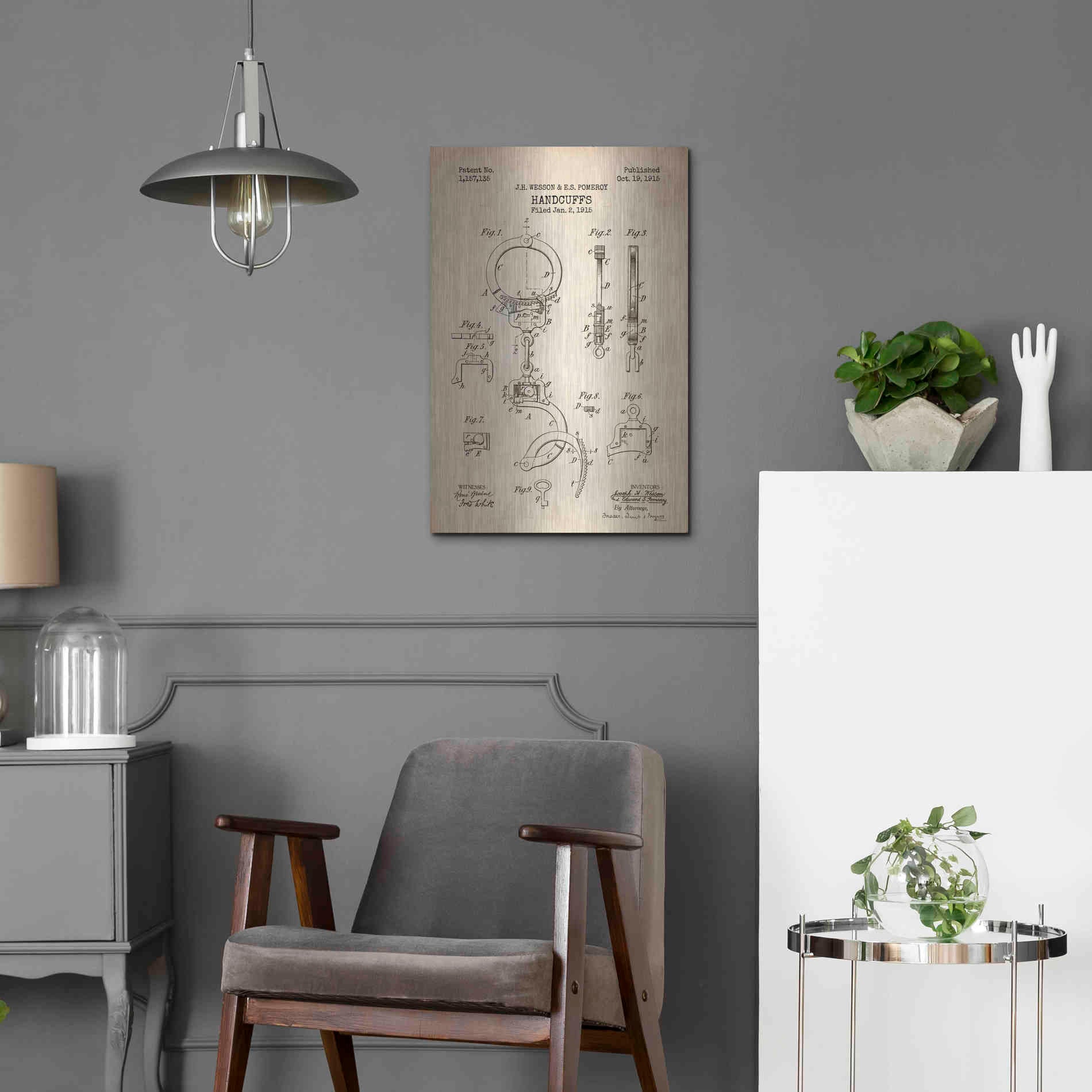 Luxe Metal Art 'Handcuffs Blueprint Patent Parchment' Metal Wall Art,16x24
