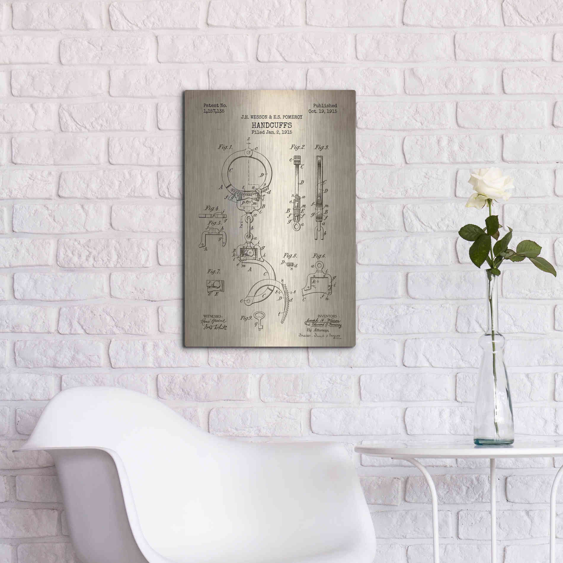 Luxe Metal Art 'Handcuffs Blueprint Patent Parchment' Metal Wall Art,16x24