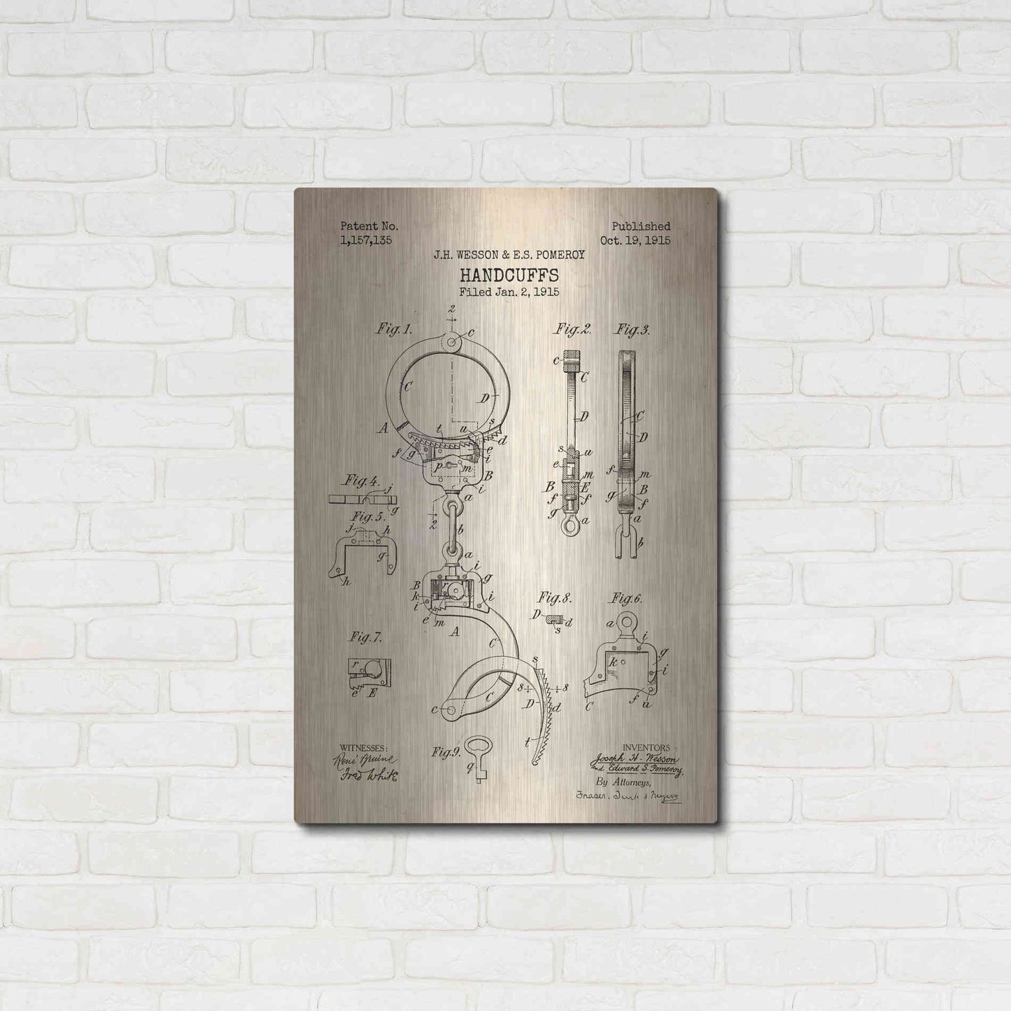 Luxe Metal Art 'Handcuffs Blueprint Patent Parchment' Metal Wall Art,24x36