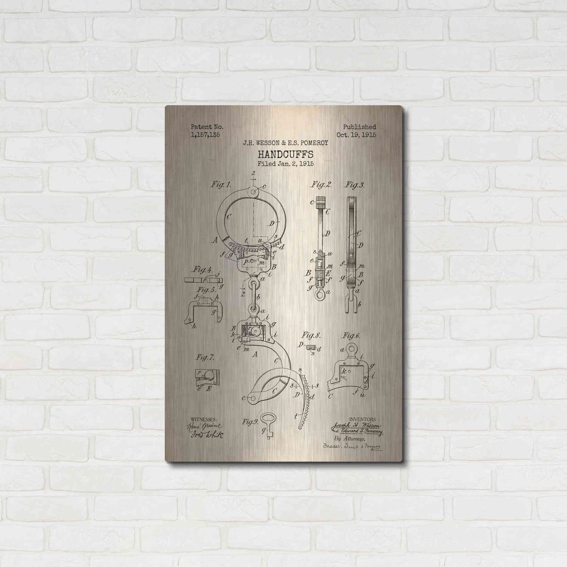 Luxe Metal Art 'Handcuffs Blueprint Patent Parchment' Metal Wall Art,24x36