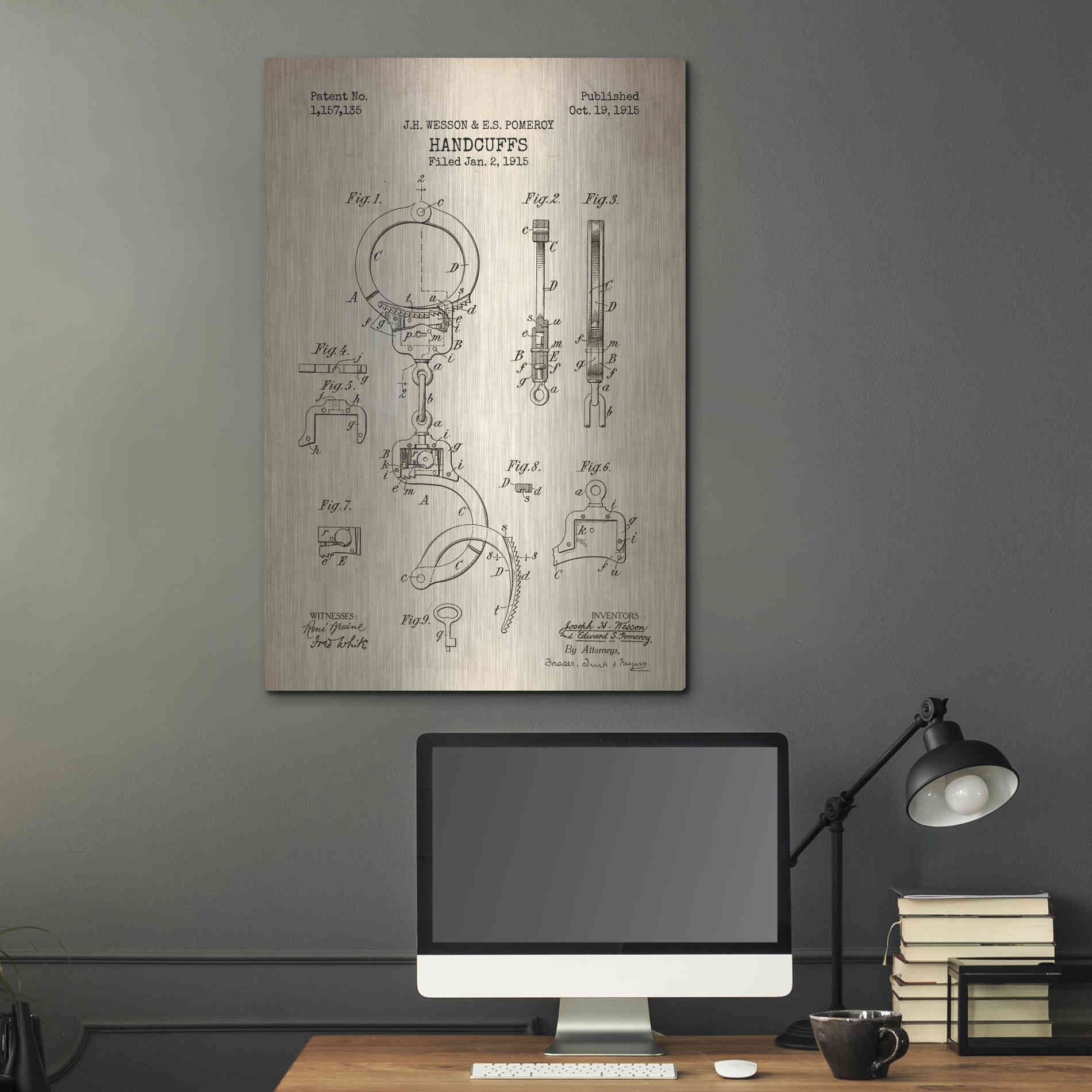 Luxe Metal Art 'Handcuffs Blueprint Patent Parchment' Metal Wall Art,24x36