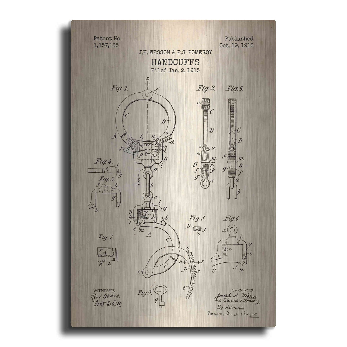 Luxe Metal Art 'Handcuffs Blueprint Patent Parchment' Metal Wall Art